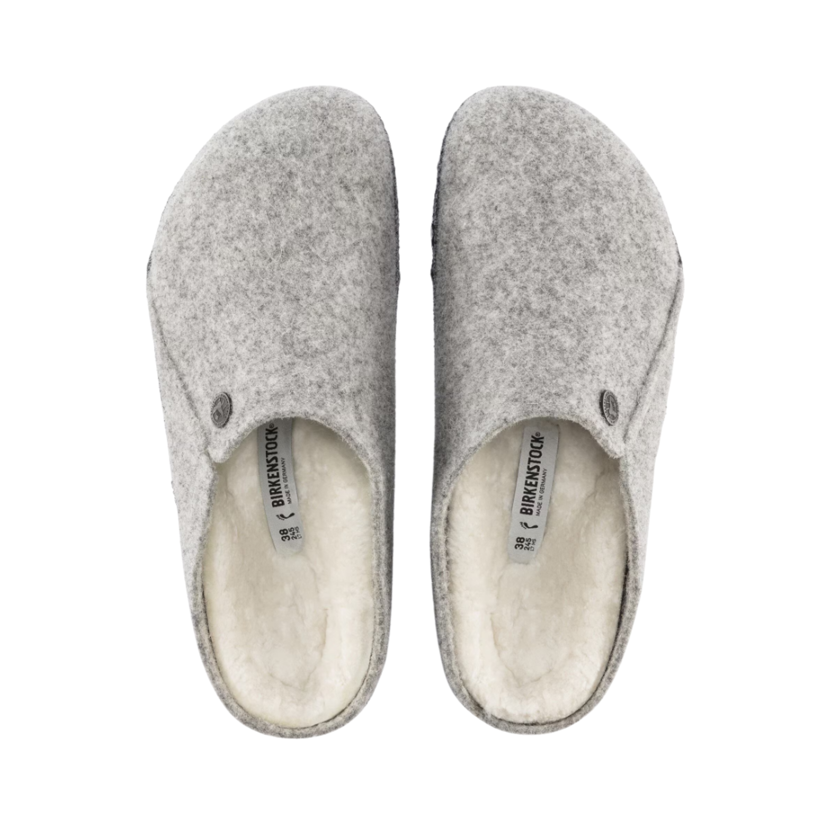 Top view of the Birkenstock Men’s Zermatt Shearling Slipper in Light Gray Wool Felt displaying the premium wool felt upper, genuine shearling interior, easy slip-on entry, anatomical cork-latex footbed with arch and heel support, and durable rubber outsole designed for warmth, traction, flexibility, and support for conditions such as plantar fasciitis, arthritis, flat feet, high arches, heel spurs, cold sensitivity, bunions, hammertoes, and general foot fatigue.