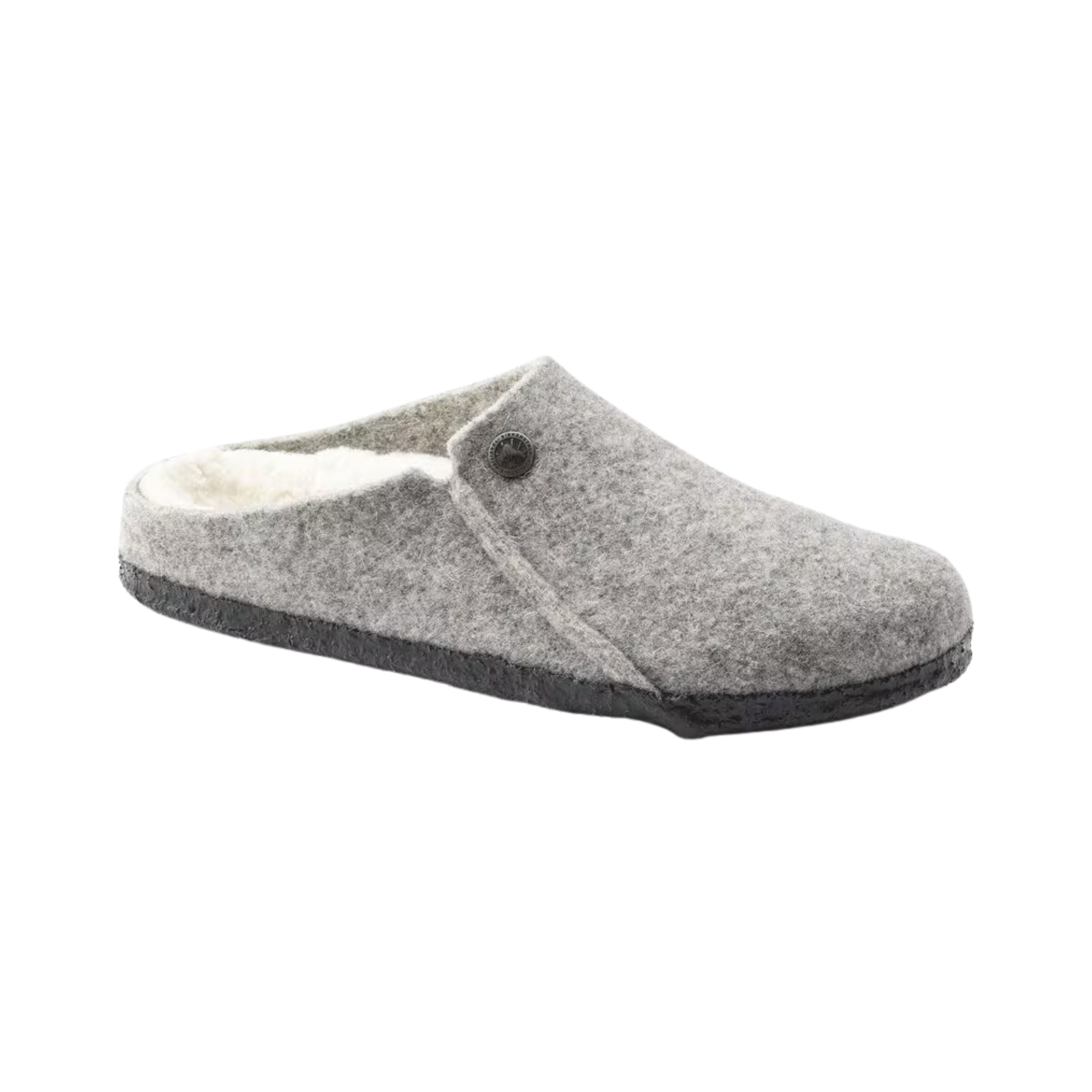 Birkenstock Men’s Zermatt Shearling Slipper in Light Gray Wool Felt featuring a premium wool felt upper, easy slip-on design, genuine shearling lining, anatomical cork-latex footbed, and durable rubber outsole designed for cozy warmth, everyday comfort, and supportive indoor or light outdoor wear.