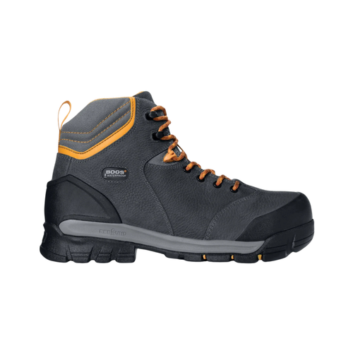 BOGS Men’s Bedrock 6" Composite Toe Boot in Black featuring a seamless waterproof upper, ASTM-rated composite safety toe, 6-inch ankle height, Rebound Cushioning Technology, BioGrip slip-resistant outsole, and durable construction designed for demanding work environments including construction sites, warehouses, and industrial settings.