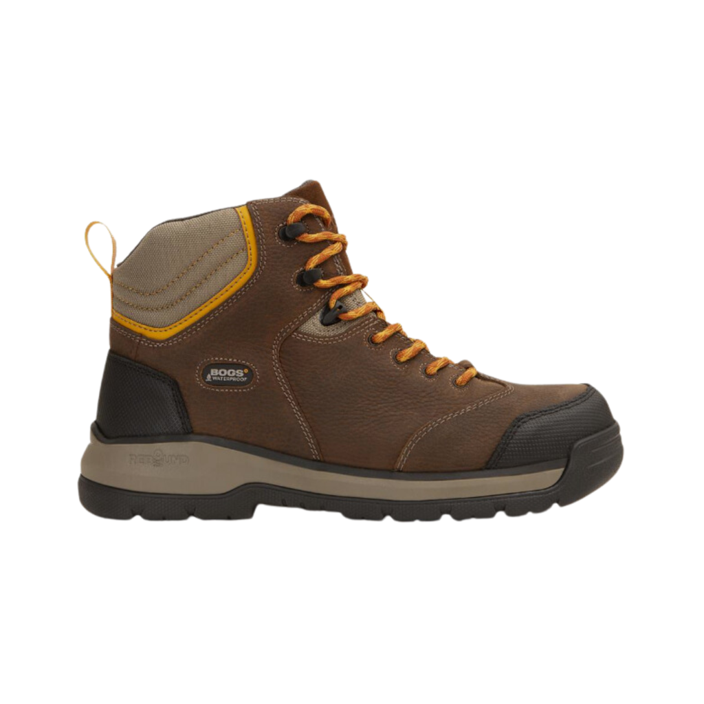 BOGS Men’s Bedrock II Mid Composite Toe Boot in Brown featuring a seamless waterproof upper, ASTM-rated composite safety toe, mid-height 6-inch design, Rebound Cushioning Midsole, BioGrip slip-resistant outsole, and lightweight construction designed for demanding work environments including construction, farming, landscaping, and industrial settings.