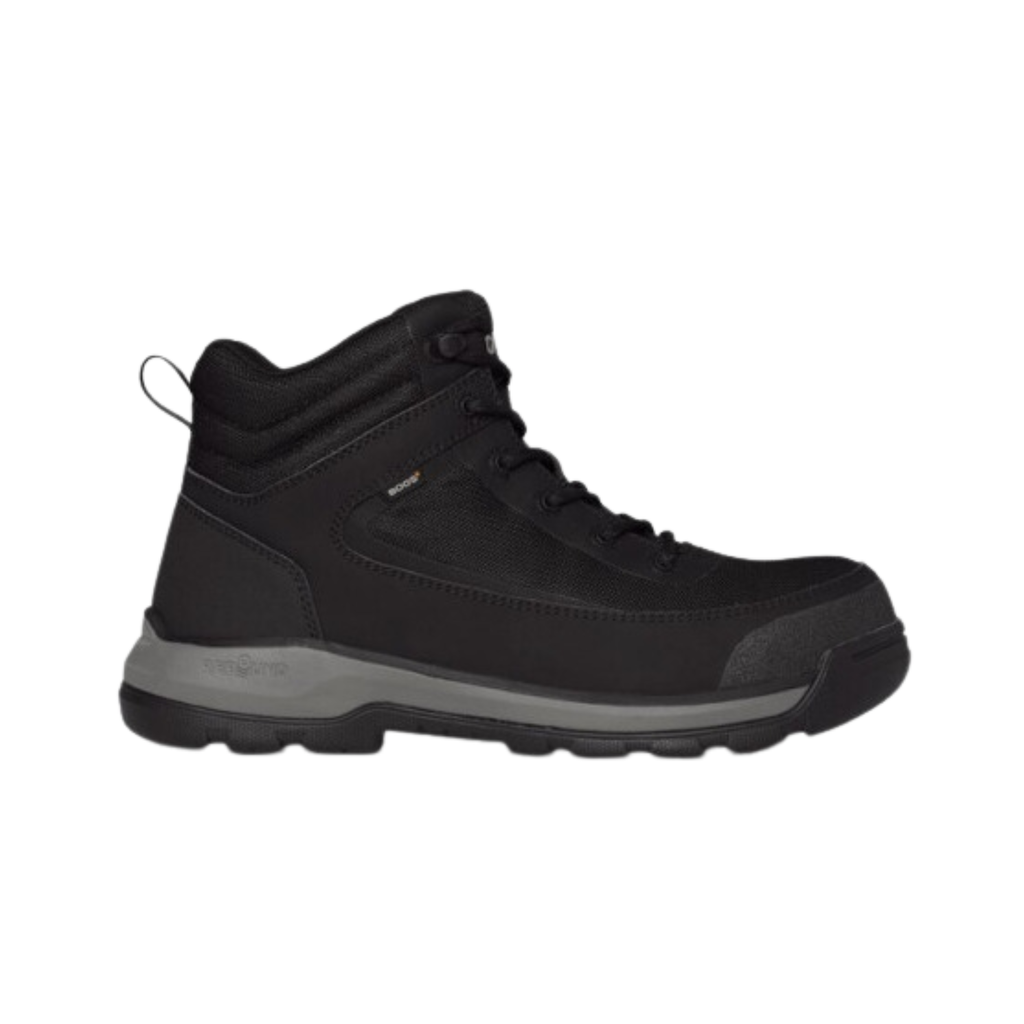 BOGS Men’s Shale Mid Composite Toe ESD Boot in Black featuring a seamless waterproof upper, ASTM-rated composite safety toe, mid-height design, Rebound Cushioning Technology, BioGrip slip-resistant outsole, and ESD protection designed for demanding work environments where safety, comfort, and static control are essential.