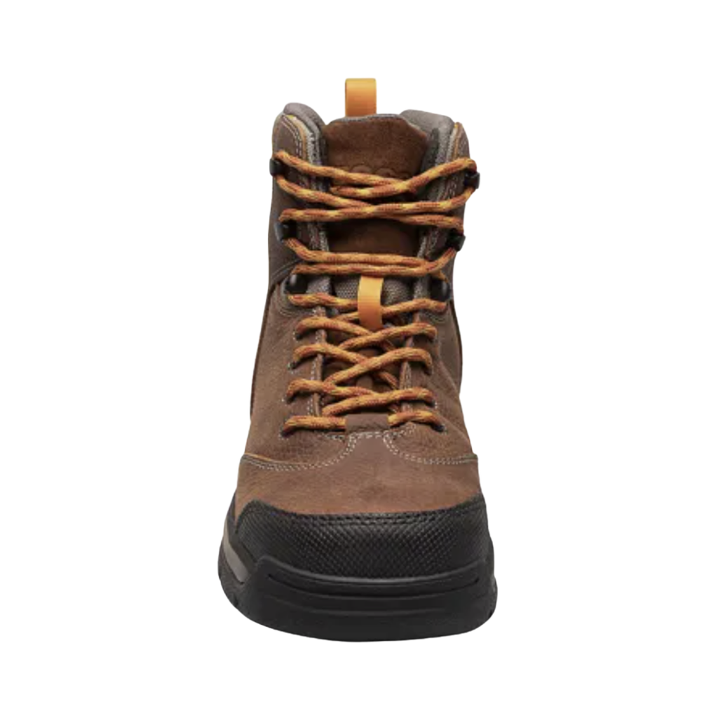 Front view of the BOGS Men’s Bedrock II Mid Composite Toe Boot in Brown showcasing the protective composite safety toe, durable seamless upper construction, reinforced toe area, and is designed for impact protection, comfort, and additional forefoot space during long shifts.
