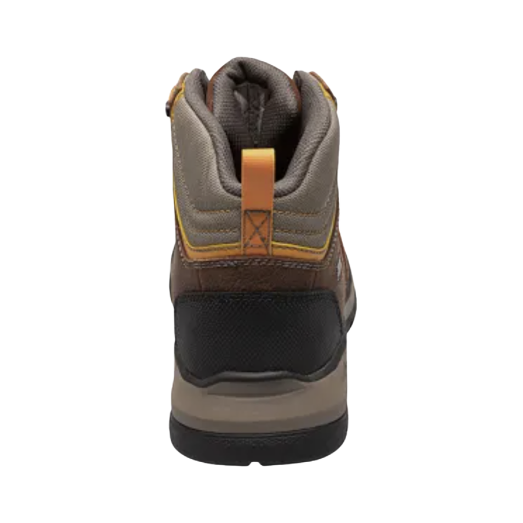 Back heel view of the BOGS Men’s Bedrock II Mid Composite Toe Boot in Brown highlighting the supportive mid-height ankle design, reinforced heel construction, waterproof shell, cushioned heel support, and stable BioGrip outsole platform for improved durability, traction, and all-day comfort.