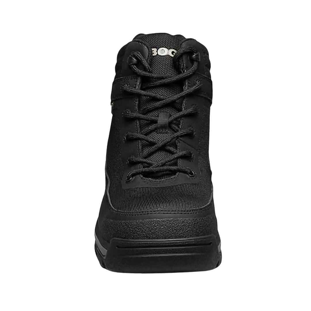 Front view of the BOGS Men’s Shale Mid Composite Toe ESD Boot in Black showcasing the protective composite safety toe, seamless waterproof construction, reinforced toe area, and designed for reliable protection, comfort, and ample forefoot space during long workdays.
