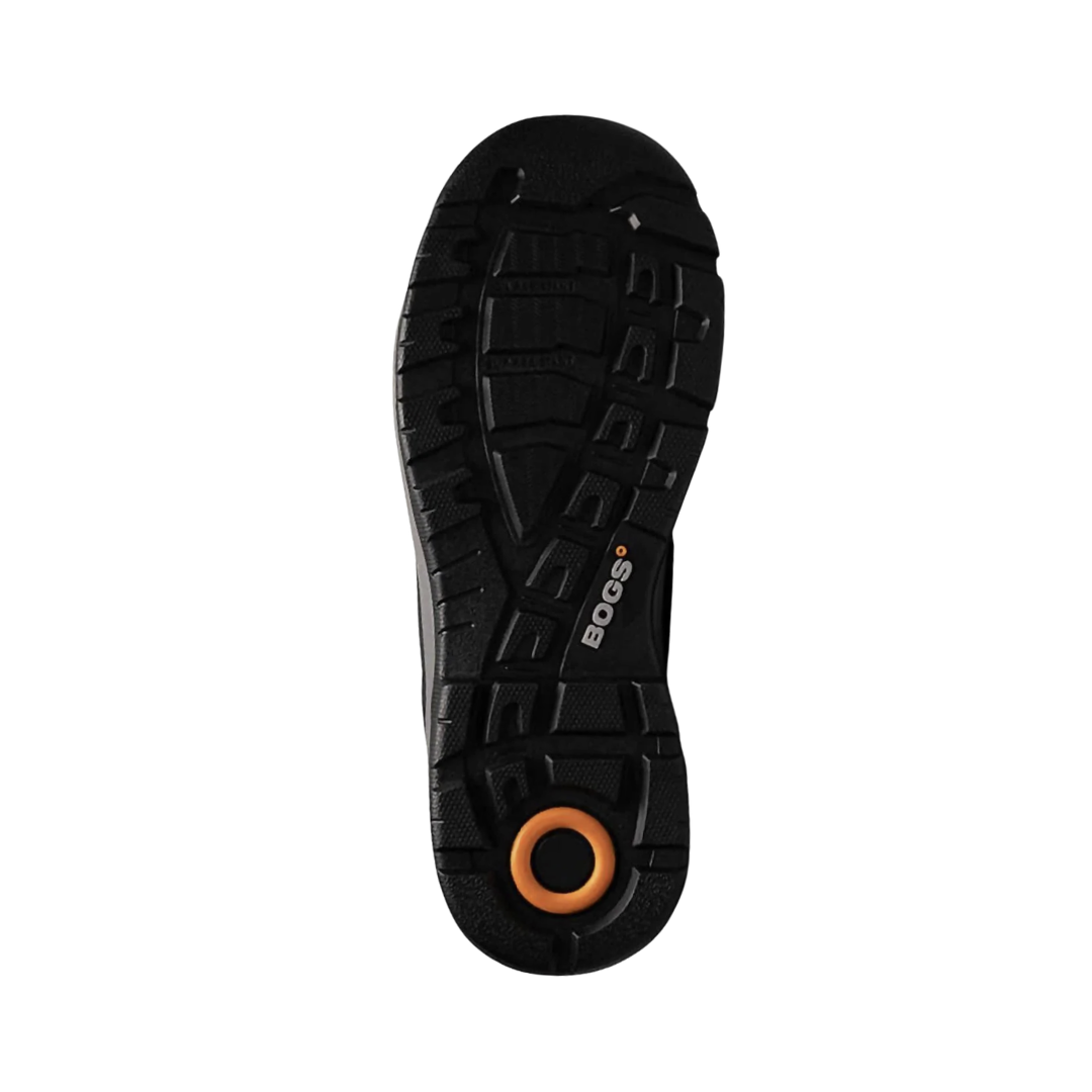 Bottom outsole view of the BOGS Men’s Shale Mid Composite Toe ESD Boot in Black featuring the BioGrip slip-resistant outsole designed for maximum traction on wet, oily, or slick surfaces while providing stability and support for conditions such as plantar fasciitis, arch pain, flat feet, overpronation, heel spurs, joint pain, general foot fatigue, and swelling.