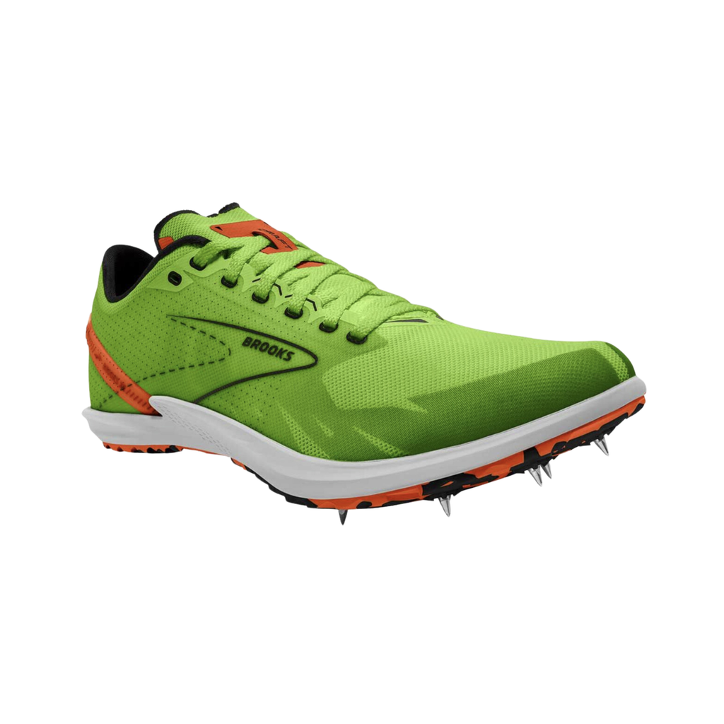 Brooks Men’s Draft XC Spike in Green Gecko/Red Orange/White featuring a lightweight breathable mesh upper, bold cross-country racing silhouette, cushioned EVA midsole, aggressive spike plate, and durable rubber lug outsole designed for speed, traction, and performance across dirt, grass, and gravel courses.
