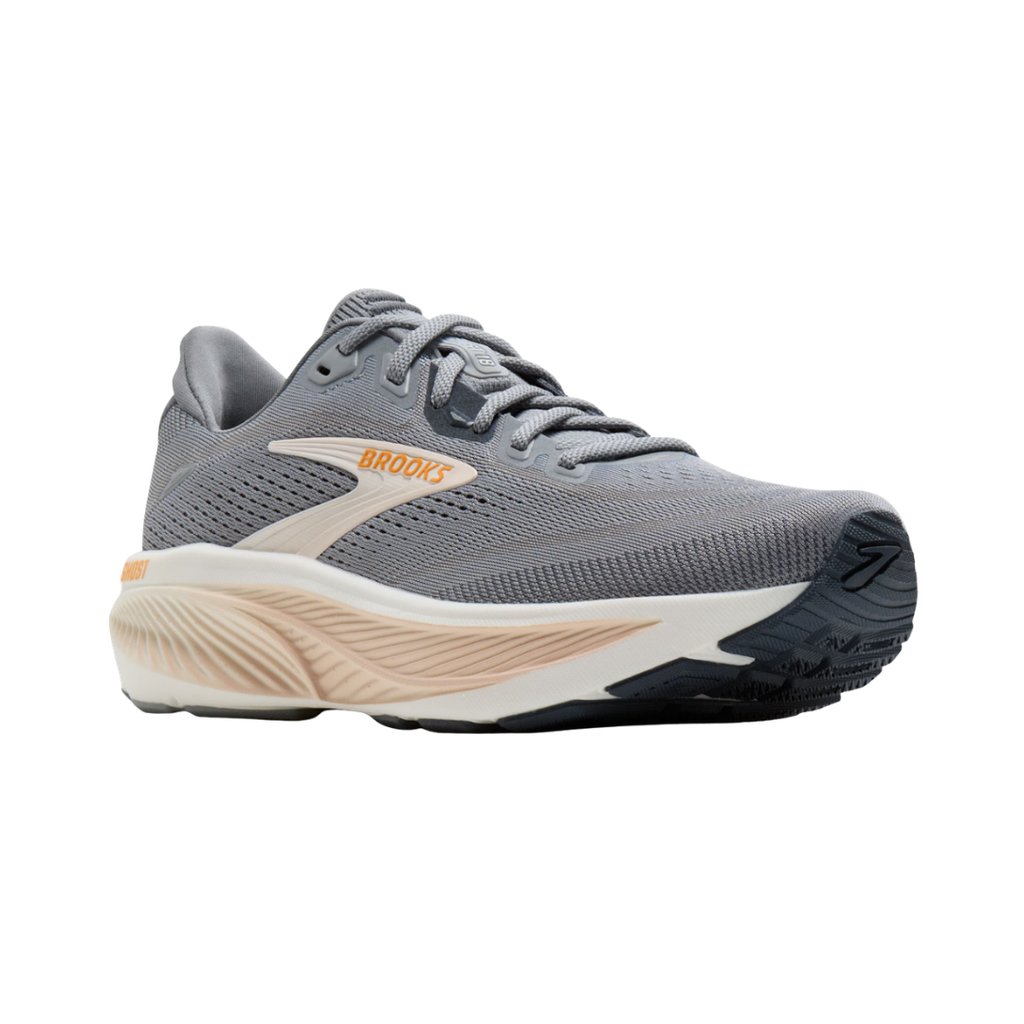Women's Brooks Ghost 18 running shoe in Grey/Morganite/Coconut featuring balanced cushioning, a secure heel, dynamic forefoot, lightweight construction, and an upper made with 55.3% recycled materials for everyday running and walking.