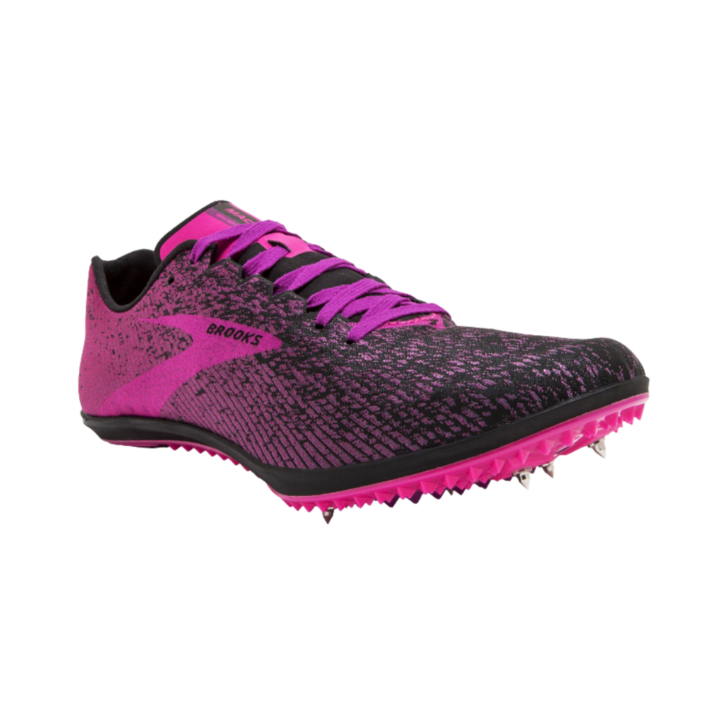 Brooks Women’s Mach 19 XC Spike in Black/Hollyhock/Pink featuring an ultra-light mesh upper, sleek cross-country racing silhouette, 3D Fit Print overlays, full-length Pebax® spike plate, EVA midsole cushioning, and durable rubber outsole designed for explosive speed, responsive performance, and confident traction across varied XC terrain.