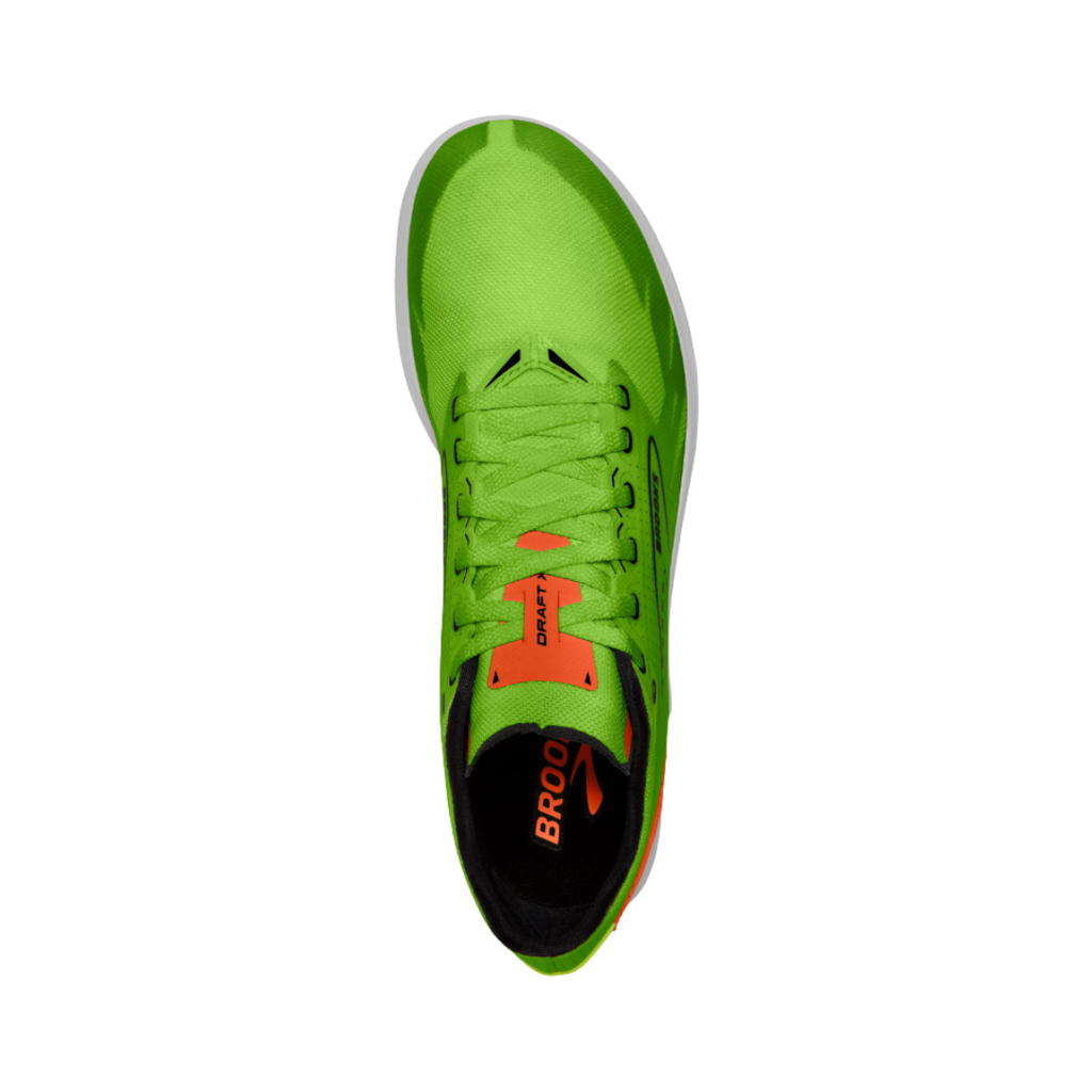 Top view of the Brooks Men’s Draft XC Spike in Green Gecko/Red Orange/White displaying the breathable mesh upper, secure lacing system, streamlined racing profile, and lightweight design that provides ventilation, a precise fit, and reduced bulk for race-day performance.