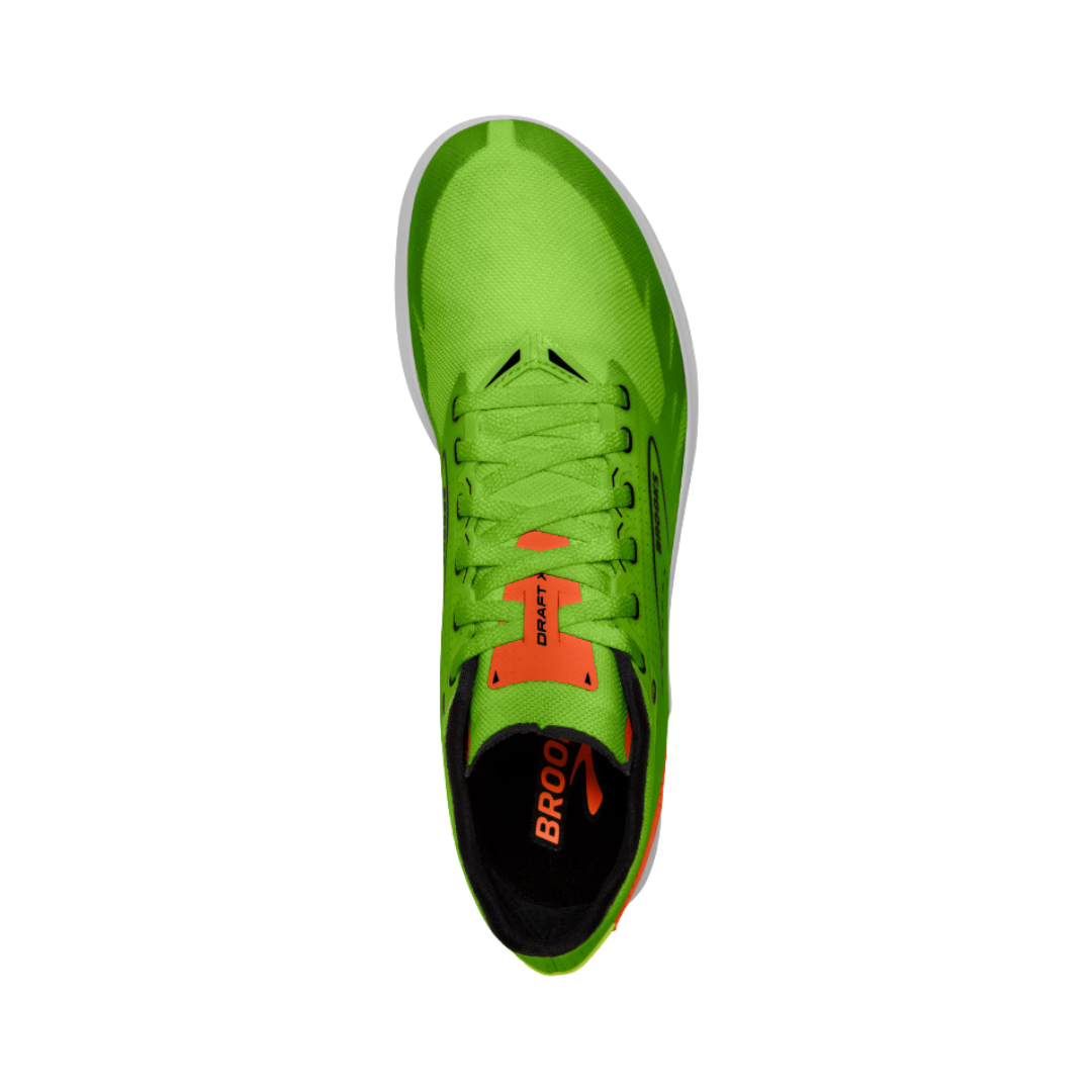 Top view of the Brooks Men’s Draft XC Spike in Green Gecko/Red Orange/White displaying the breathable mesh upper, secure lacing system, streamlined racing profile, and lightweight design that provides ventilation, a precise fit, and reduced bulk for race-day performance.