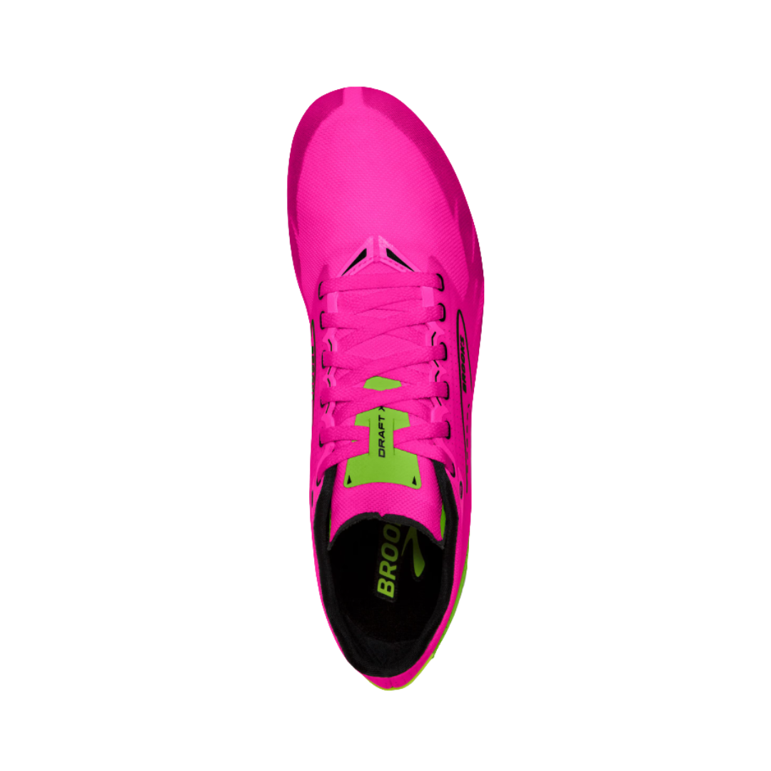 Top view of the Brooks Women’s Draft XC Spike in Pink Glo/Green/Black displaying the breathable mesh upper, secure lacing system, streamlined racing profile, and lightweight construction designed to provide ventilation, a secure fit, and reduced bulk for race-day performance.