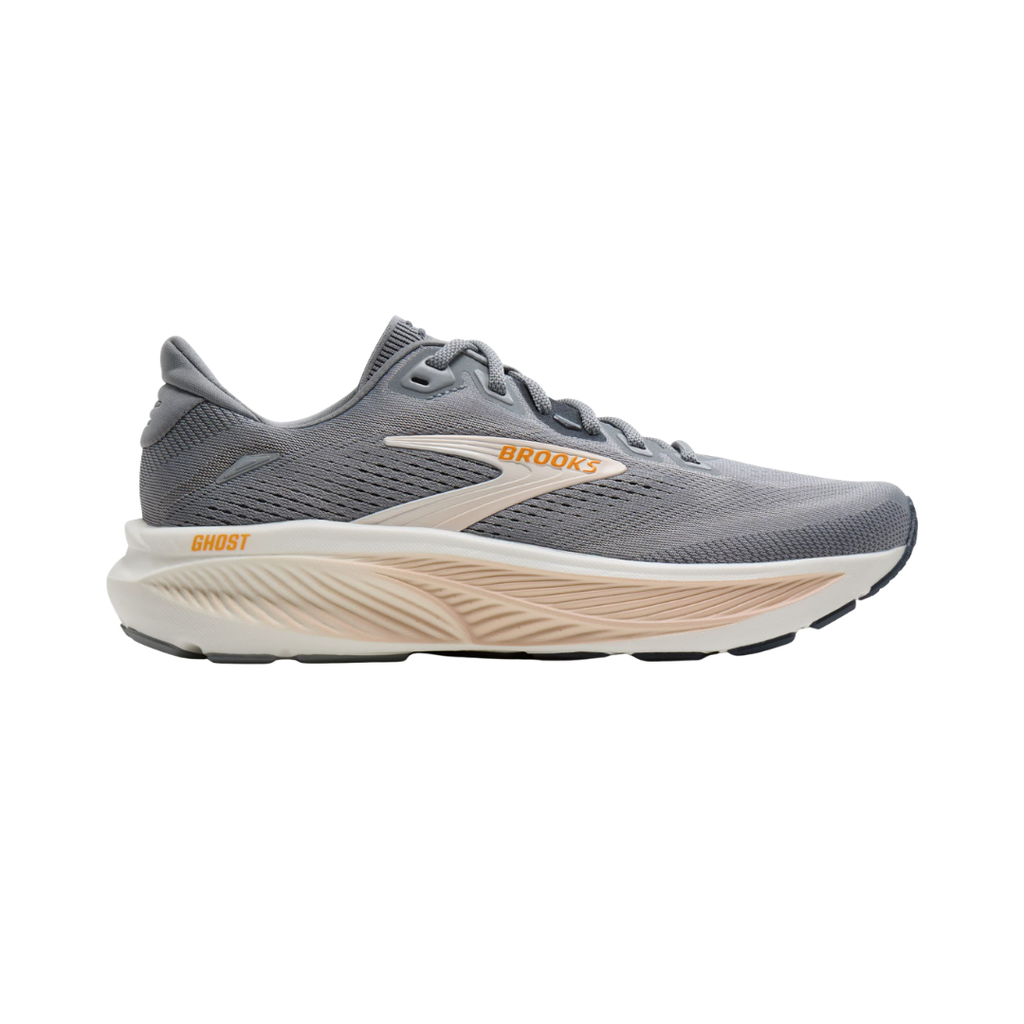 Women's Brooks Ghost 18 running shoe in Grey/Morganite/Coconut featuring balanced cushioning, a secure heel, dynamic forefoot, lightweight construction, and an upper made with 55.3% recycled materials for everyday running and walking.