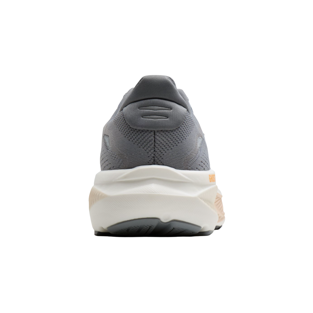 Rear view of the Women's Brooks Ghost 18 in Grey/Morganite/Coconut highlighting the secure heel structure, cushioned heel, 10mm heel-to-toe drop, and durable outsole designed to provide stability and confident traction.