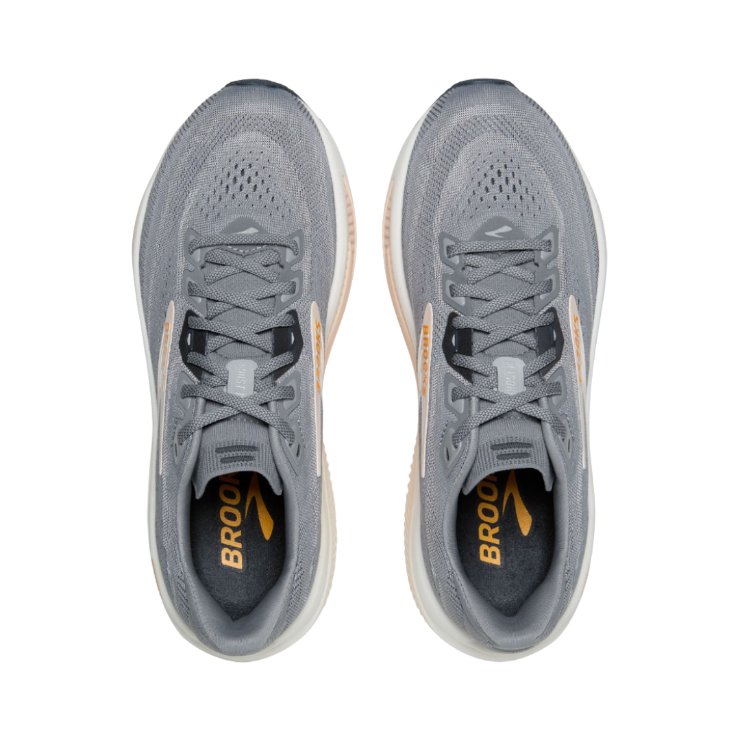 Top view of the Women's Brooks Ghost 18 in Grey/Morganite/Coconut displaying the breathable upper, secure lacing system, supportive heel, and comfortable fit designed to keep feet secure during everyday runs, walks, travel, and extended wear.