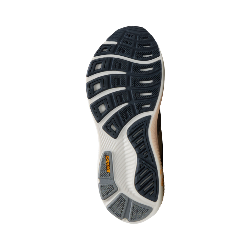 Bottom view of the Women's Brooks Ghost 18 in Grey/Morganite/Coconut highlighting the durable rubber outsole and traction pattern designed to provide reliable grip across roads, sidewalks, and other everyday surfaces.