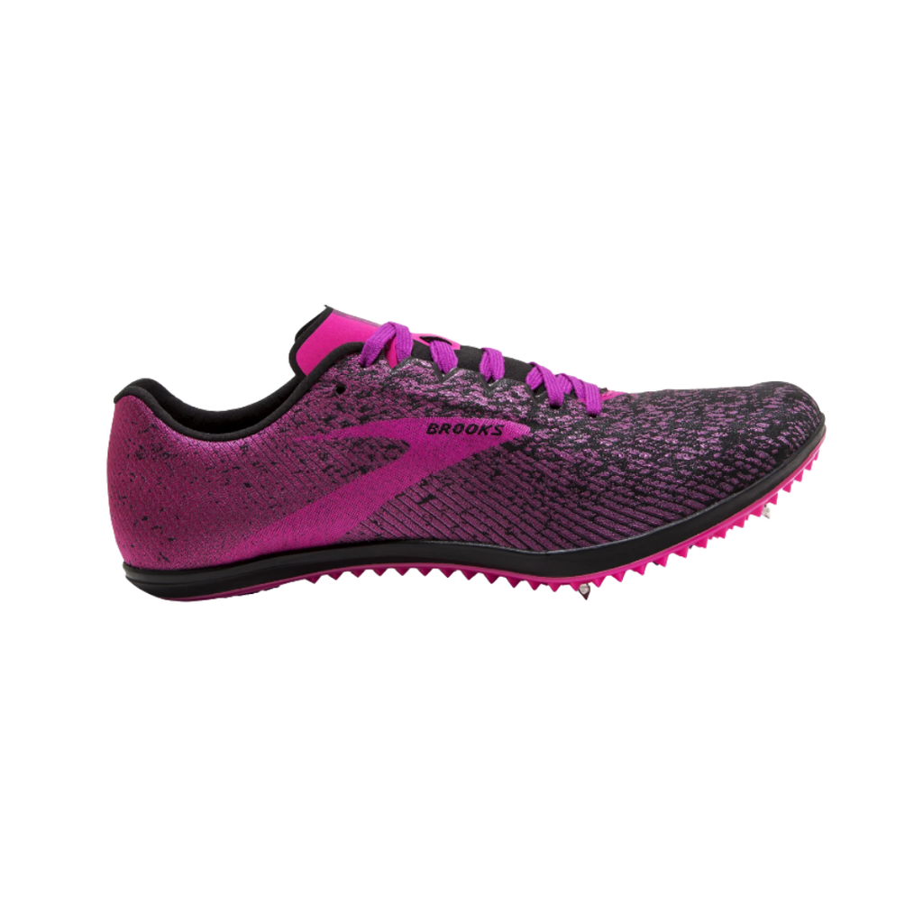 Brooks Women’s Mach 19 XC Spike in Black/Hollyhock/Pink featuring an ultra-light mesh upper, sleek cross-country racing silhouette, 3D Fit Print overlays, full-length Pebax® spike plate, EVA midsole cushioning, and durable rubber outsole designed for explosive speed, responsive performance, and confident traction across varied XC terrain.