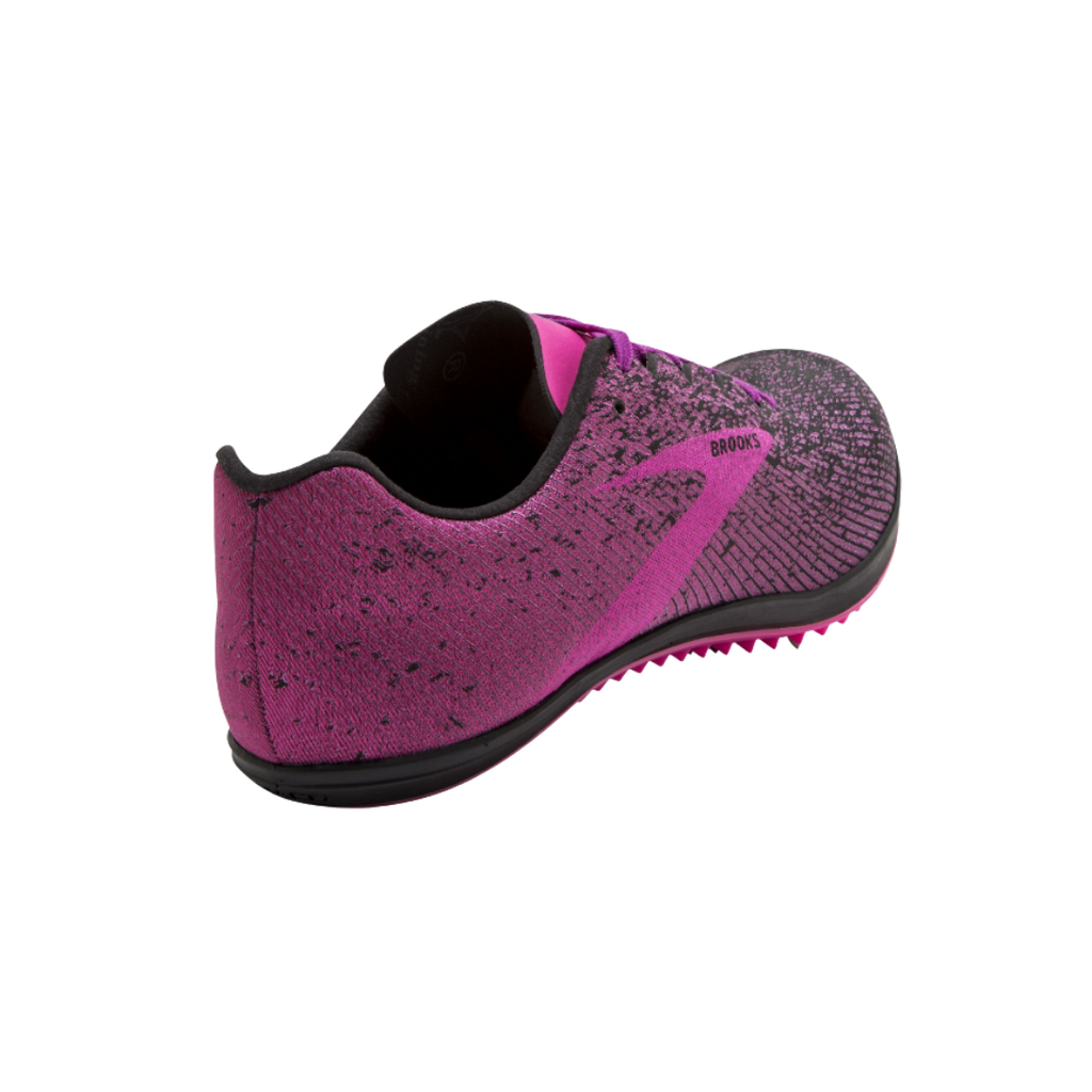 Back heel view of the Brooks Women’s Mach 19 XC Spike in Black/Hollyhock/Pink highlighting the supportive heel structure, lightweight mesh construction, reinforced overlays, cushioned EVA midsole, and durable outsole design built to enhance stability, shock absorption, and control throughout demanding cross-country races.