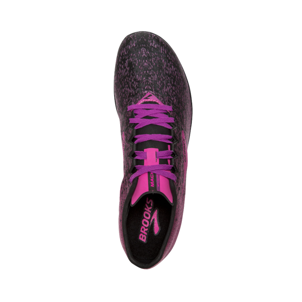 Top view of the Brooks Women’s Mach 19 XC Spike in Black/Hollyhock/Pink displaying the breathable mesh upper, secure lacing system, 3D Fit Print overlays, streamlined racing profile, and lightweight construction designed to deliver a personalized fit, ventilation, and race-day performance.