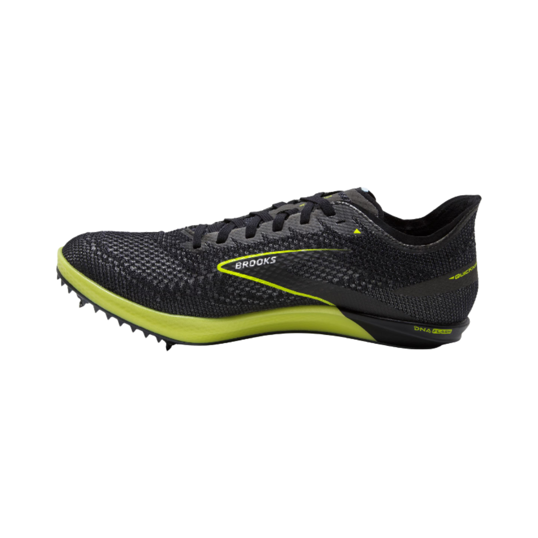 Brooks Wire 7 Track Spikes in Black/Nightlife featuring an ultralight Woven Air upper, streamlined racing silhouette, full-length DNA Flash midsole, propulsive Pebax® spike plate, and lightweight construction designed for elite middle- and long-distance track performance with responsive cushioning and explosive speed.