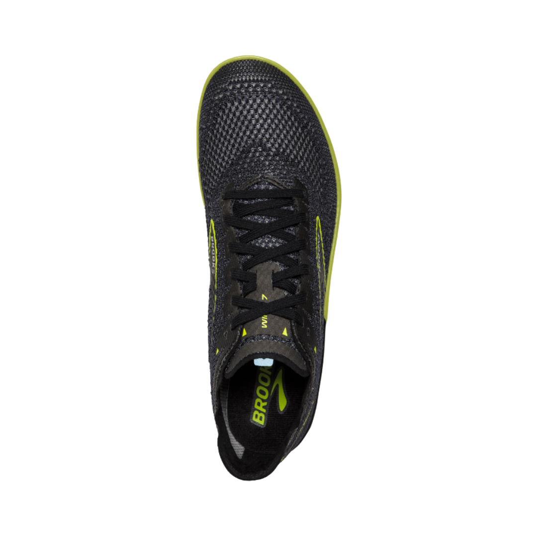 Top view of the Brooks Wire 7 Track Spikes in Black/Nightlife displaying the breathable Woven Air upper, secure lace-up system, minimalist tongue, race-ready fit, and streamlined construction designed to provide lightweight comfort and a secure, second-skin feel throughout competition.