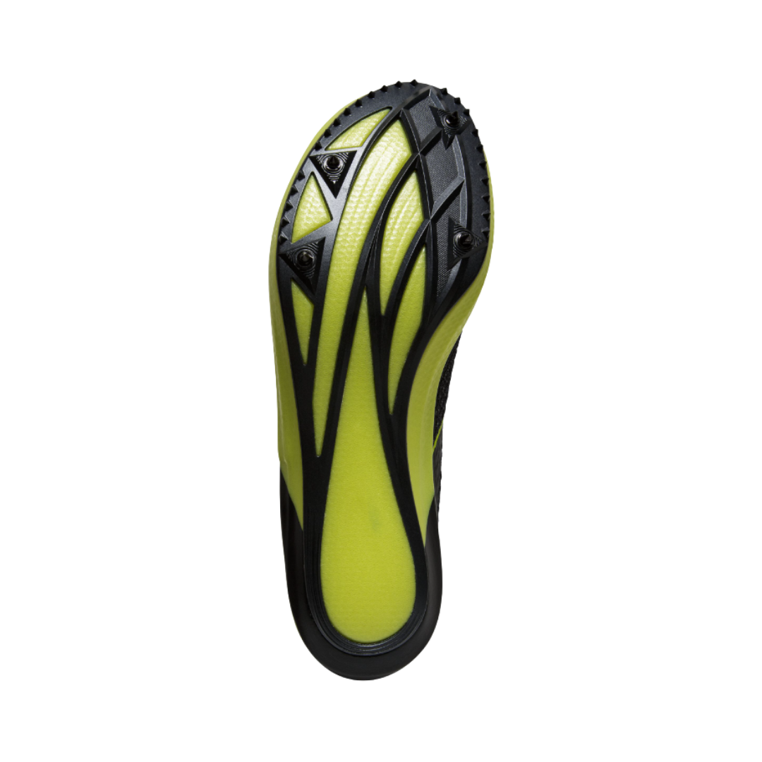 Bottom outsole view of the Brooks Wire 7 Track Spikes in Black/Nightlife featuring the propulsive Pebax® spike plate with a 6-pin spike configuration designed to maximize traction, acceleration, and energy return for middle- and long-distance track events while supporting runners with metatarsal pain, forefoot pain, overpronation, plantar fasciitis, and performance recovery.