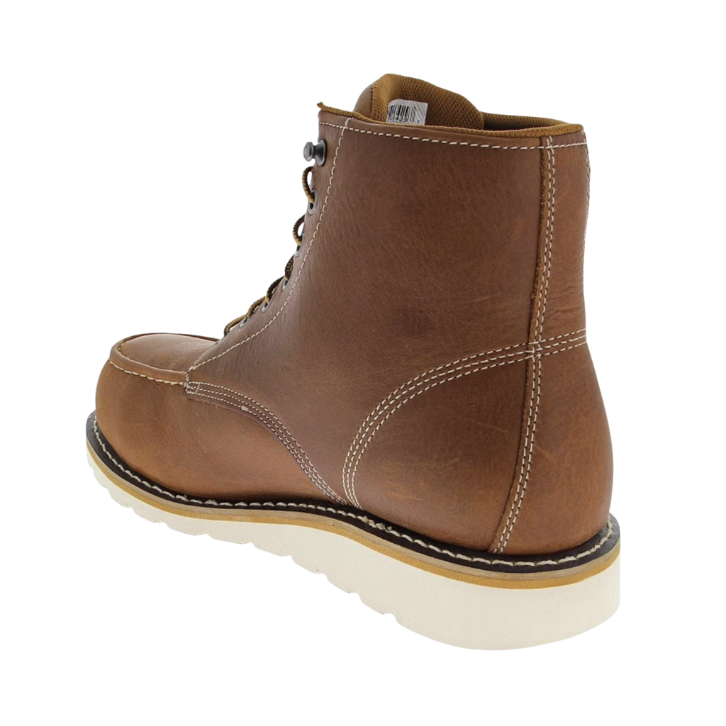 Back heel view of the Carhartt Men's Waterproof 6" Wedge (Plain Toe) Boot in Soft Tan highlighting the supportive heel counter, Storm Defender® waterproof construction, FastDry™ moisture-wicking lining, reinforced heel design, and dual-density wedge outsole built to enhance stability, reduce fatigue, and provide lasting durability.