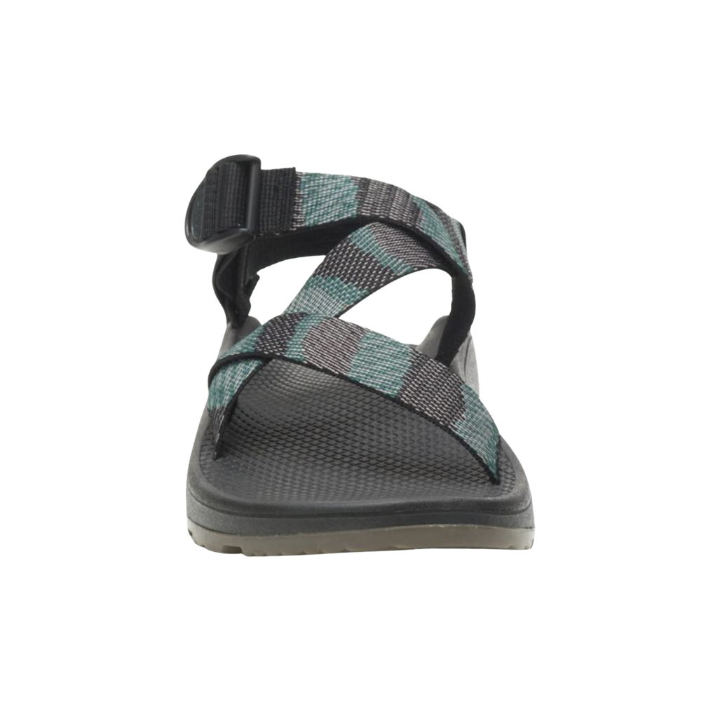Front view of the Chaco Men’s ZCloud Sandal in Weave Black showcasing the adjustable polyester webbing straps, secure toe loop design, open-toe construction, cushioned ZCloud™ footbed, and designed to provide a personalized, supportive fit for hiking, walking, and everyday adventures.