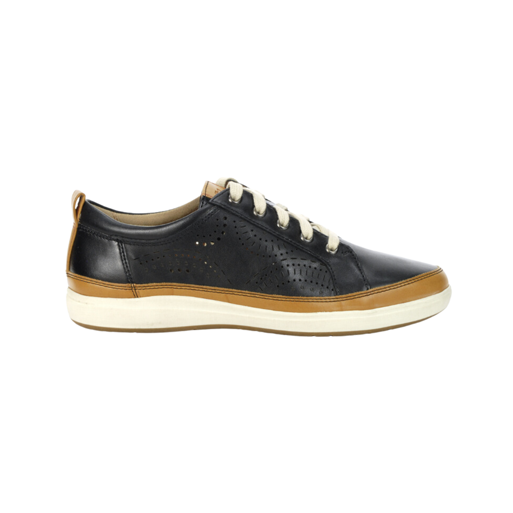 Cobb Hill Women’s Bailee Sneaker in Black featuring a soft leather upper, sleek low-profile silhouette, molded EVA footbed with arch support, breathable textile lining, lightweight rubber outsole, and lace-up design built for everyday comfort, flexibility, and versatile casual style.