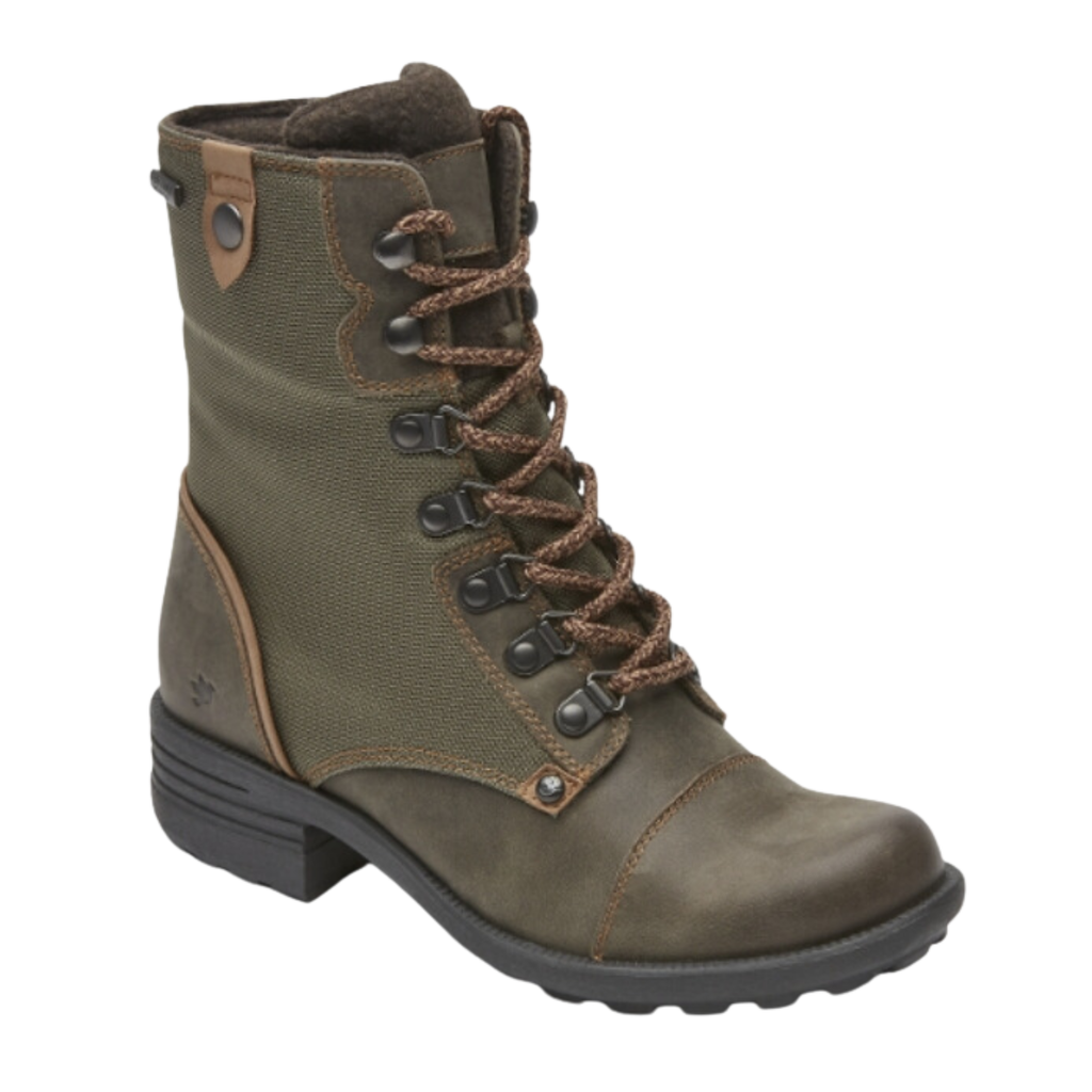 Cobb Hill Women’s Brunswick Lace Waterproof Boot in Forest featuring a waterproof leather upper, seam-sealed construction, hiker-inspired lace-up design, EVA footbed with arch support, durable TPR outsole, and supportive boot silhouette designed for all-day comfort, protection, and reliable performance in changing weather conditions.
