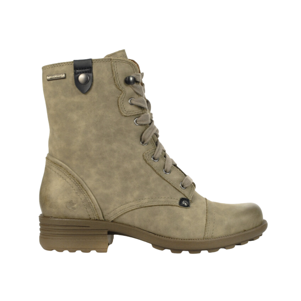 Cobb Hill Women’s Brunswick Lace Waterproof Boot in Grey featuring a waterproof leather upper, seam-sealed construction, hiker-inspired lace-up design, EVA footbed with arch support, durable TPR outsole, and supportive boot silhouette designed for all-day comfort, protection, and reliable performance in changing weather conditions.