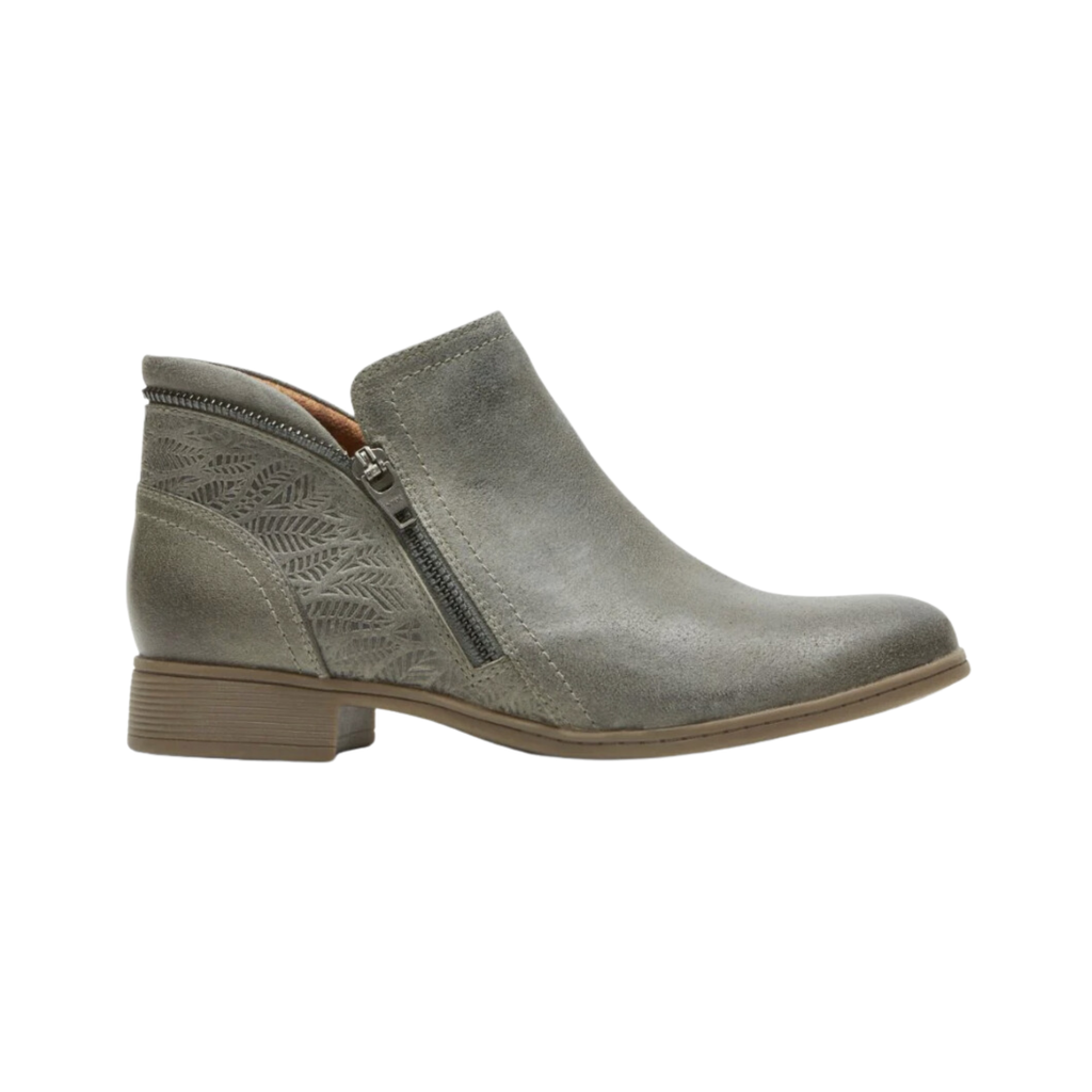 Cobb Hill Women’s Crosbie Bootie in Dusty Olive featuring a premium leather upper with stylish ruched detailing, asymmetrical silhouette, molded EVA footbed with arch support, breathable textile lining, lightweight TPR outsole, and inside zipper designed for everyday comfort, flexibility, and modern style.