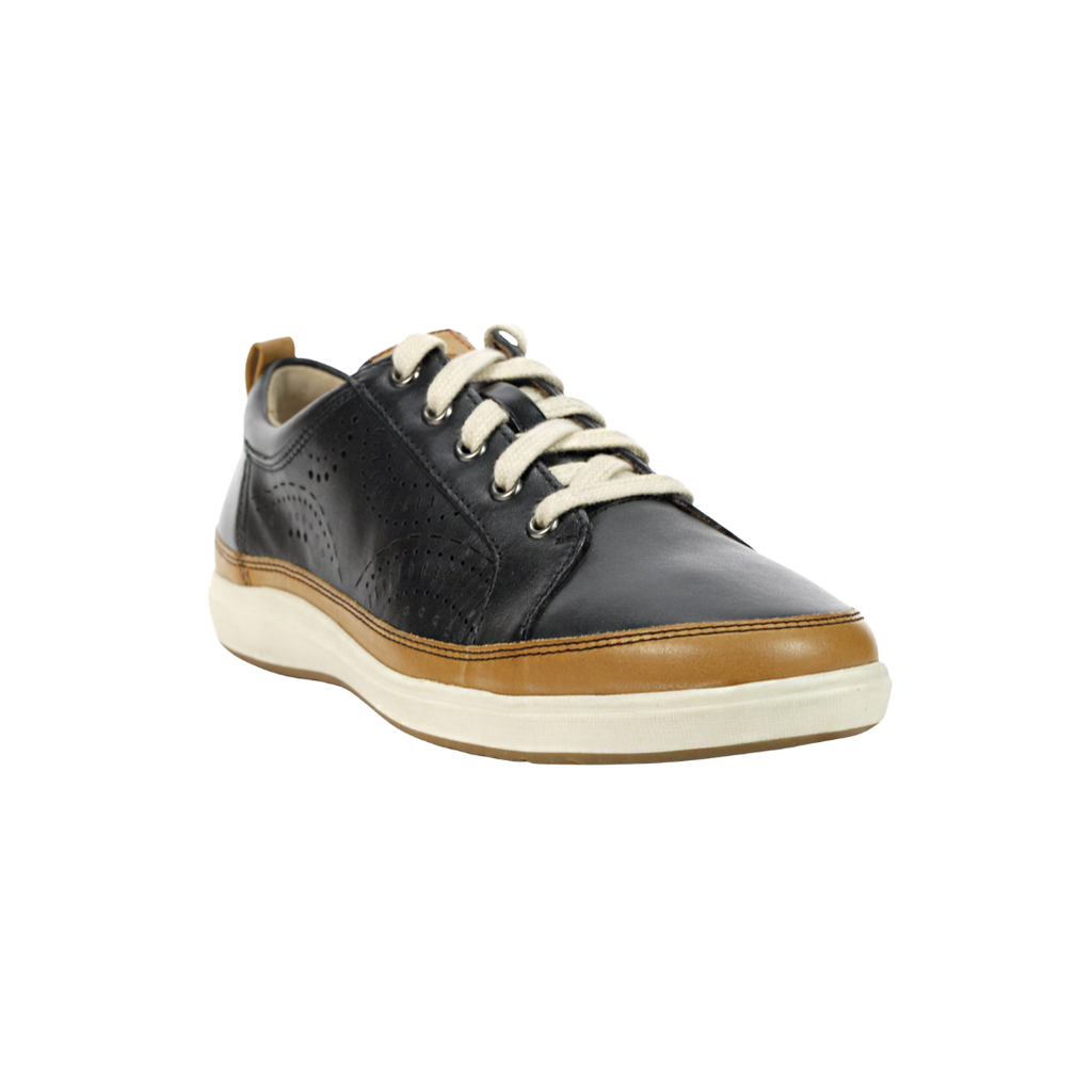 Front view of the Cobb Hill Women’s Bailee Sneaker in Black showcasing the smooth leather toe, adjustable lace-up closure, streamlined design, and supportive construction engineered to provide a secure, comfortable fit for all-day wear.