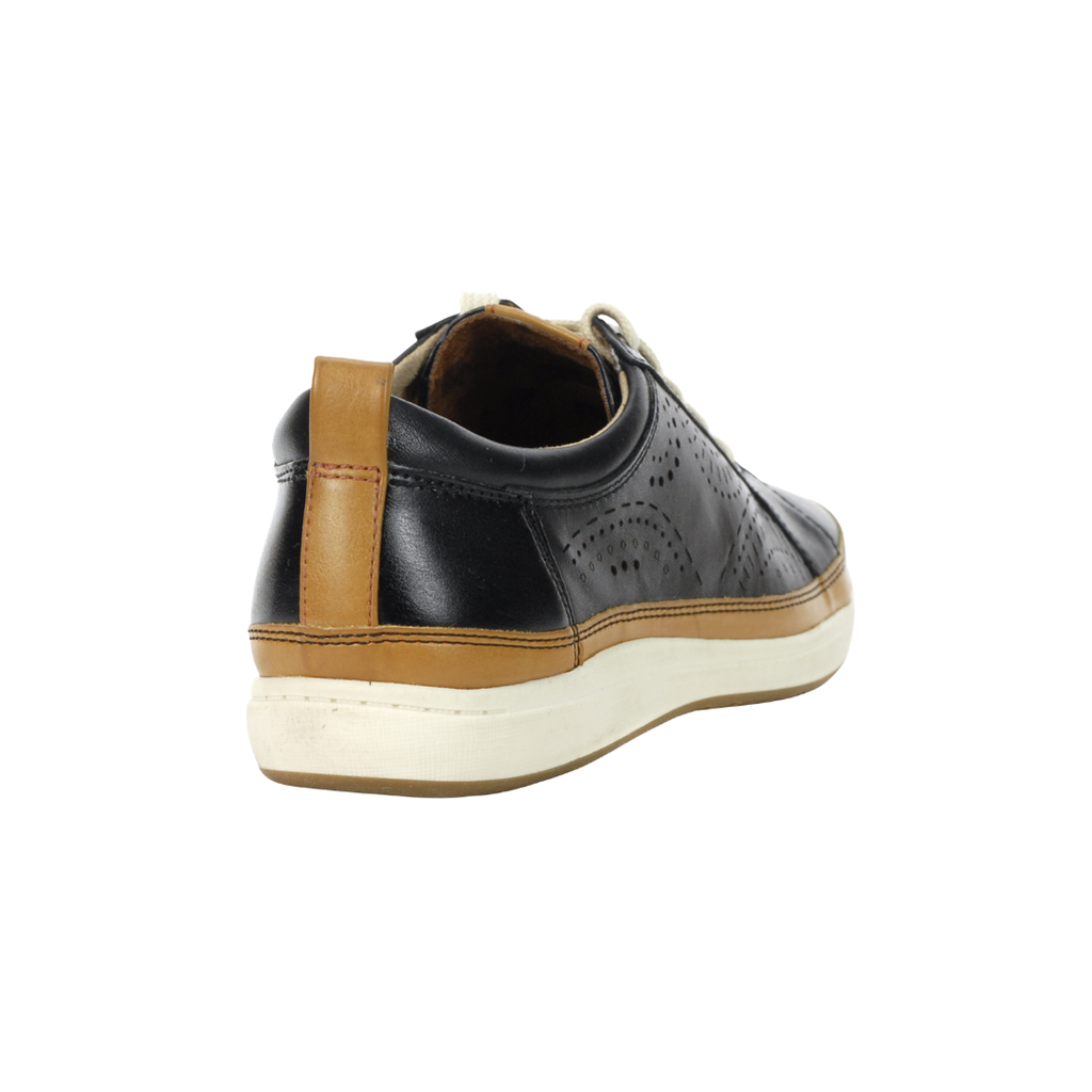 Back heel view of the Cobb Hill Women’s Bailee Sneaker in Black highlighting the supportive heel counter, breathable textile lining, cushioned EVA footbed, and lightweight rubber outsole designed to improve stability, comfort, and durability throughout the day.