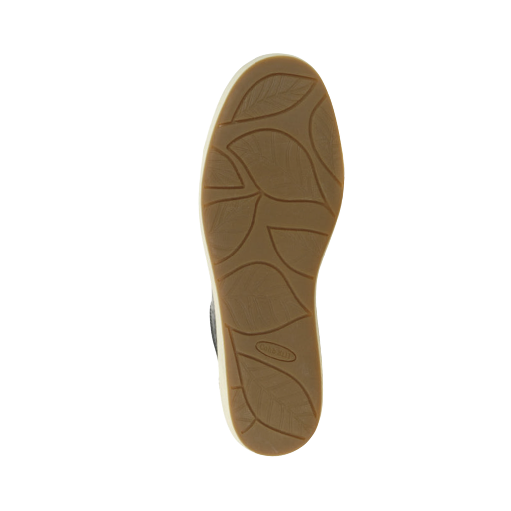 Bottom outsole view of the Cobb Hill Women’s Bailee Sneaker in Black featuring the lightweight rubber outsole with a flexible traction pattern designed to provide dependable grip and stability on everyday surfaces while supporting conditions such as plantar fasciitis, flat feet, metatarsalgia, overpronation, and general foot fatigue.