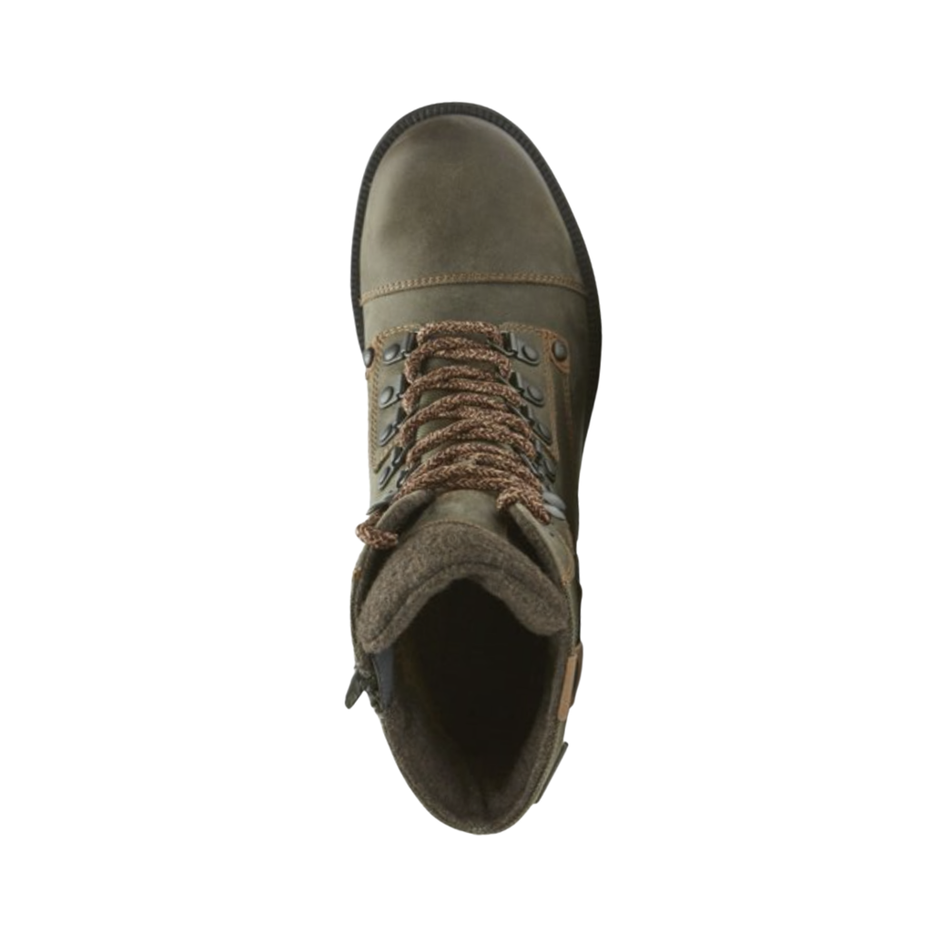 Top view of the Cobb Hill Women’s Brunswick Lace Waterproof Boot in Forest displaying the waterproof leather upper, lace-up system, soft textile lining, padded collar, and cushioned EVA footbed designed to provide warmth, breathability, arch support, and long-lasting comfort.