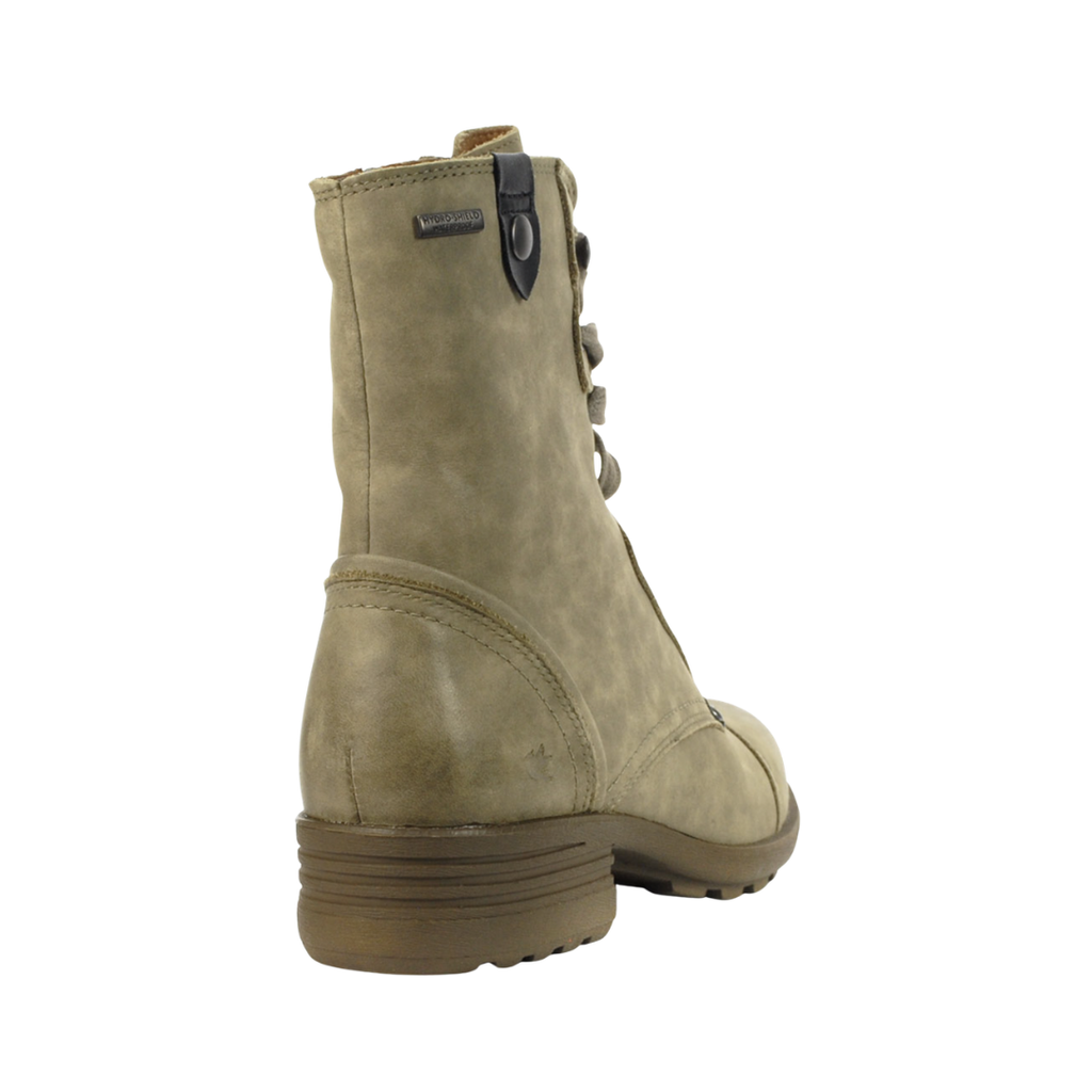 Back heel view of the Cobb Hill Women’s Brunswick Lace Waterproof Boot in Grey highlighting the supportive ankle structure, interior side zipper for easy on/off access, seam-sealed waterproof construction, textile lining, and durable heel design for enhanced stability and comfort.
