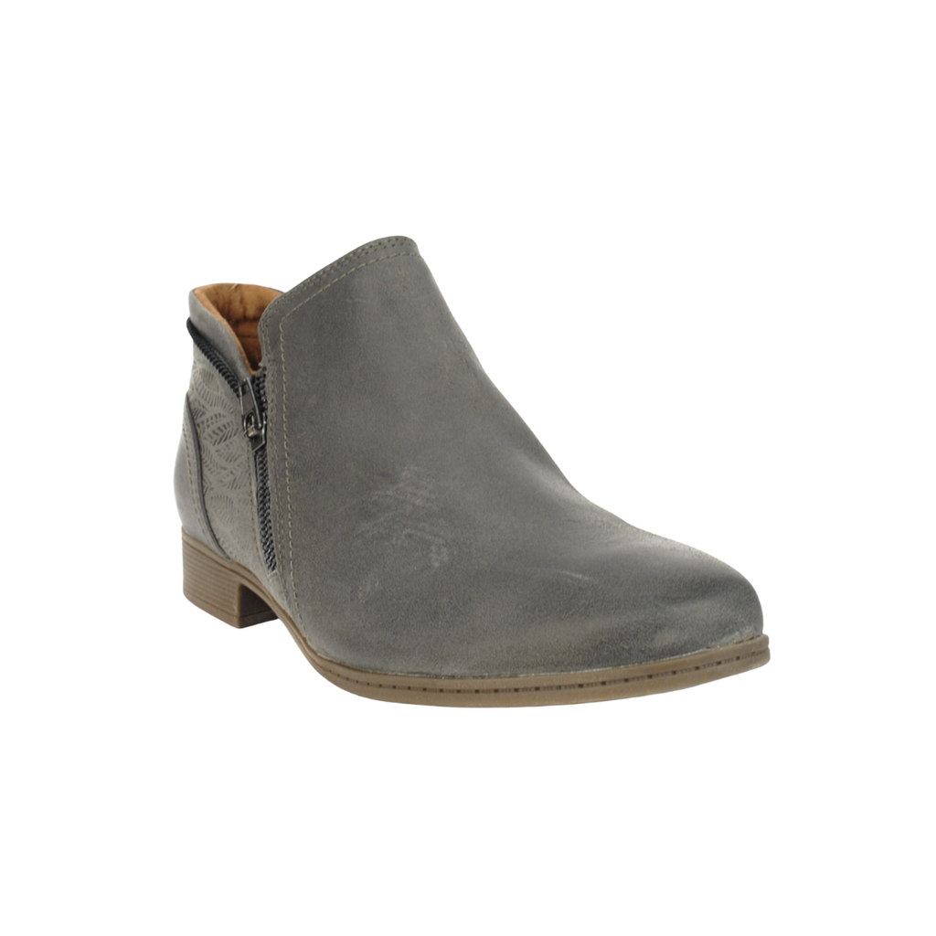 Front view of the Cobb Hill Women’s Crosbie Bootie in Dusty Olive showcasing the softly rounded toe, premium leather upper, asymmetrical design, and clean, contemporary styling built to provide a secure, comfortable fit for all-day wear.
