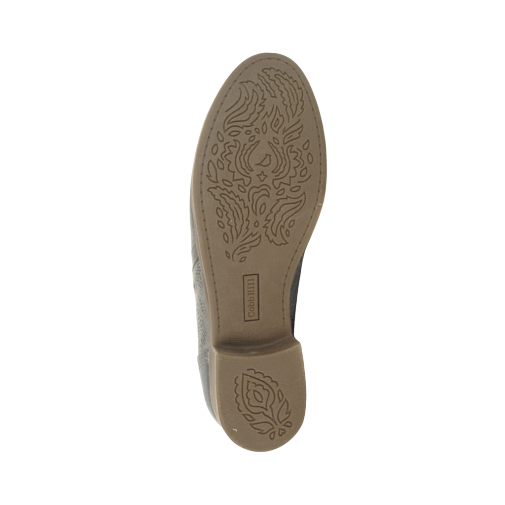 Bottom outsole view of the Cobb Hill Women’s Crosbie Bootie in Dusty Olive featuring the lightweight TPR outsole with a flexible, slip-resistant traction pattern designed to provide dependable grip and stability on everyday surfaces while supporting conditions such as plantar fasciitis, flat feet, bunions, forefoot pressure, general foot fatigue, and mild overpronation.