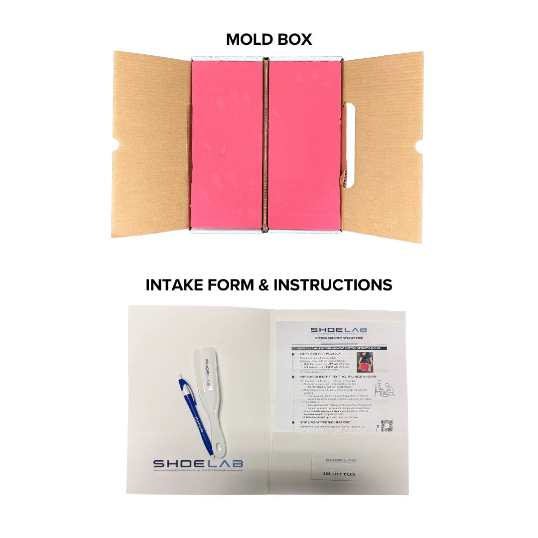 ShoeLab Custom Orthotics Mold Kit with foam mold box, intake form and instructions folder, shoehorn, pen, and $25 gift card