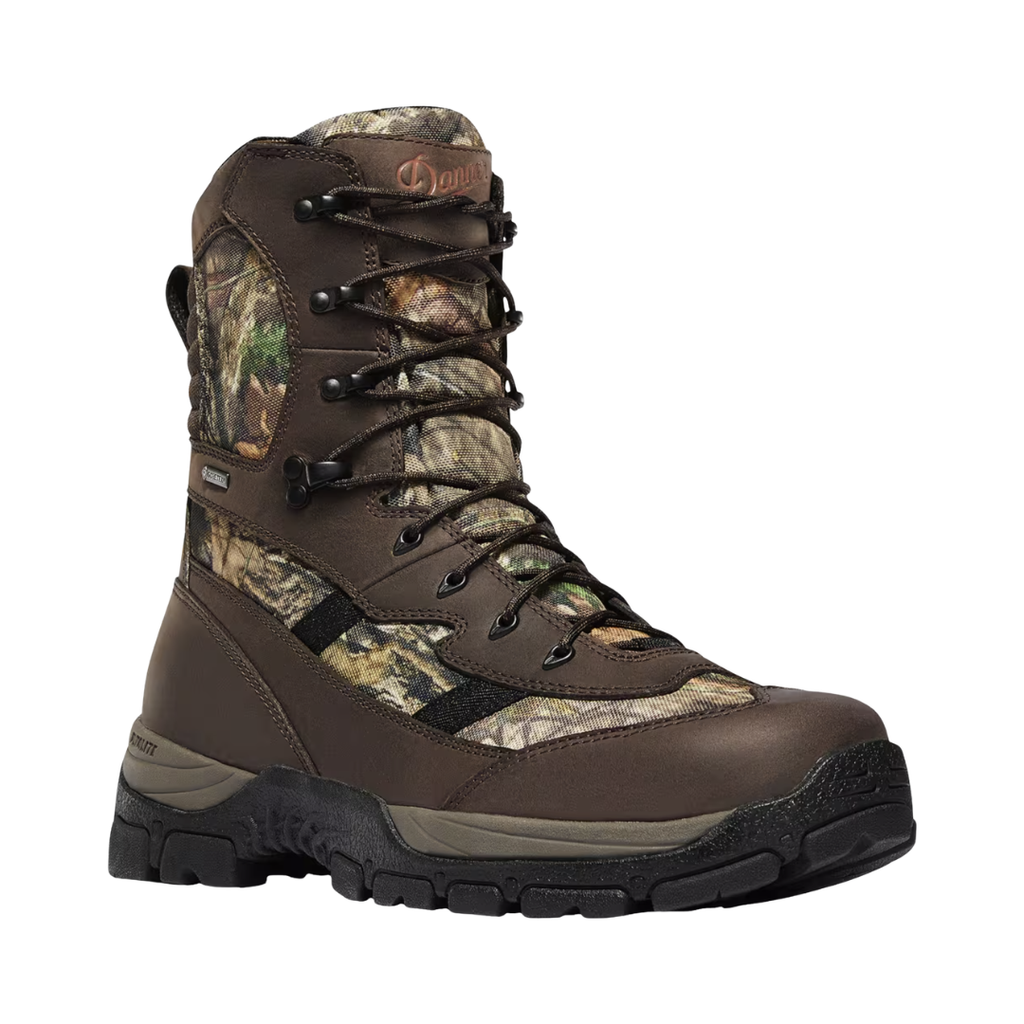 Men’s Alsea 8" Waterproof Boot in Country Mossy Oak featuring a full-grain leather and abrasion-resistant nylon upper, 8-inch hunting boot silhouette, 100% waterproof GORE-TEX liner, 1000G PrimaLoft insulation, OrthoLite footbed, and Plyolite midsole designed for dependable warmth, comfort, and rugged outdoor performance.