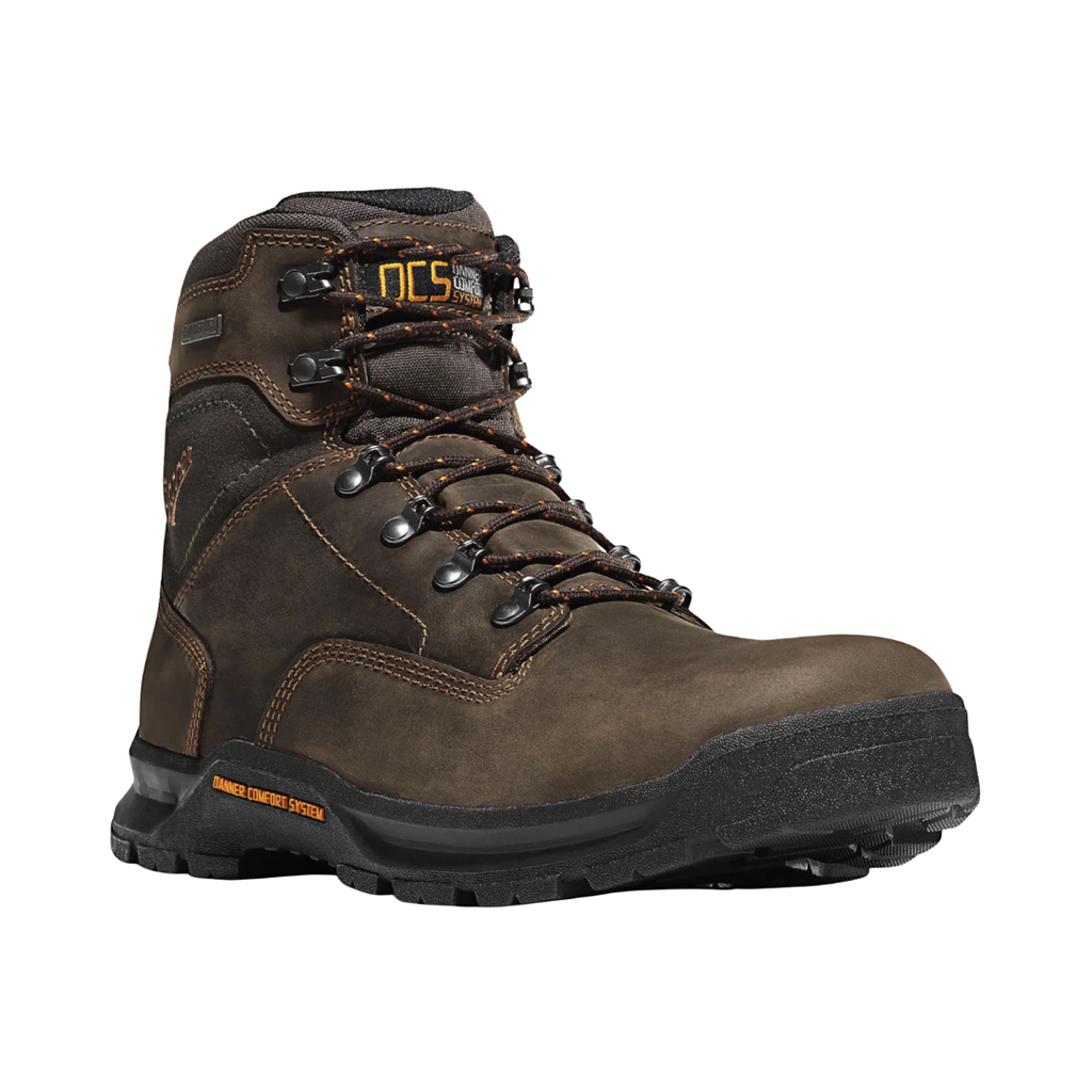 Danner Men’s Crafter 6" Waterproof Plain Toe Boot in Brown featuring a triple-stitched nubuck leather upper, 6-inch work boot silhouette, Danner Dry waterproof liner, extra-plush DCS footbed, oil- and slip-resistant outsole, and durable work boot construction designed for long-lasting comfort, stability, and dependable jobsite performance.