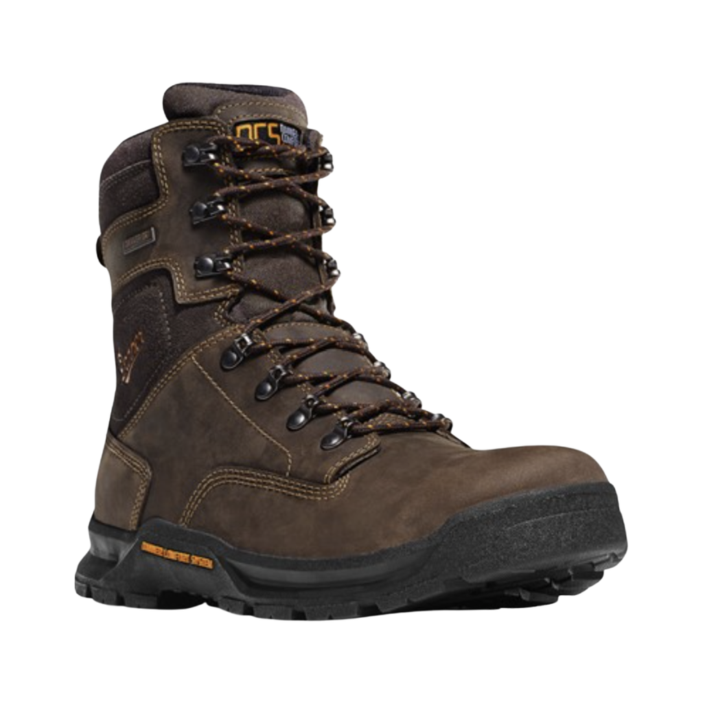 Danner Men’s Crafter 8" Waterproof Plain Toe Boot in Brown featuring a rugged leather upper, 8-inch work boot silhouette, Danner Dry waterproof liner, nylon shank, 90-degree heel, Danner Crafter oil- and slip-resistant outsole, and durable work boot construction designed for superior stability, comfort, and long-lasting jobsite performance.