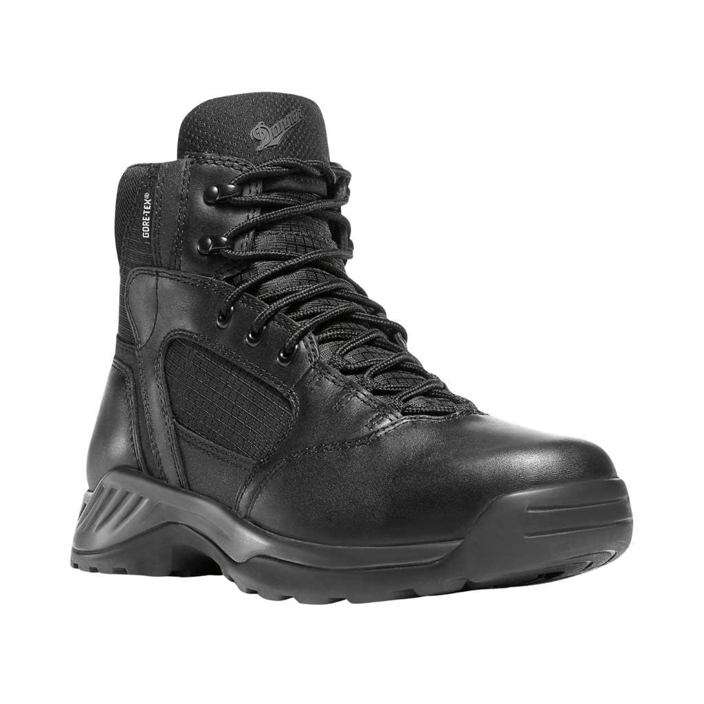 Danner Men’s Kinetic Side-Zip 6" Waterproof Plain Toe Boot in Black featuring a durable tactical upper, 6-inch boot silhouette, GORE-TEX waterproof liner, side-zip entry with lace-up closure, plush dual-density footbed with Airthotic heel clip, and Danner Kinetic outsole designed for lightweight comfort, stability, and high-performance tactical use.