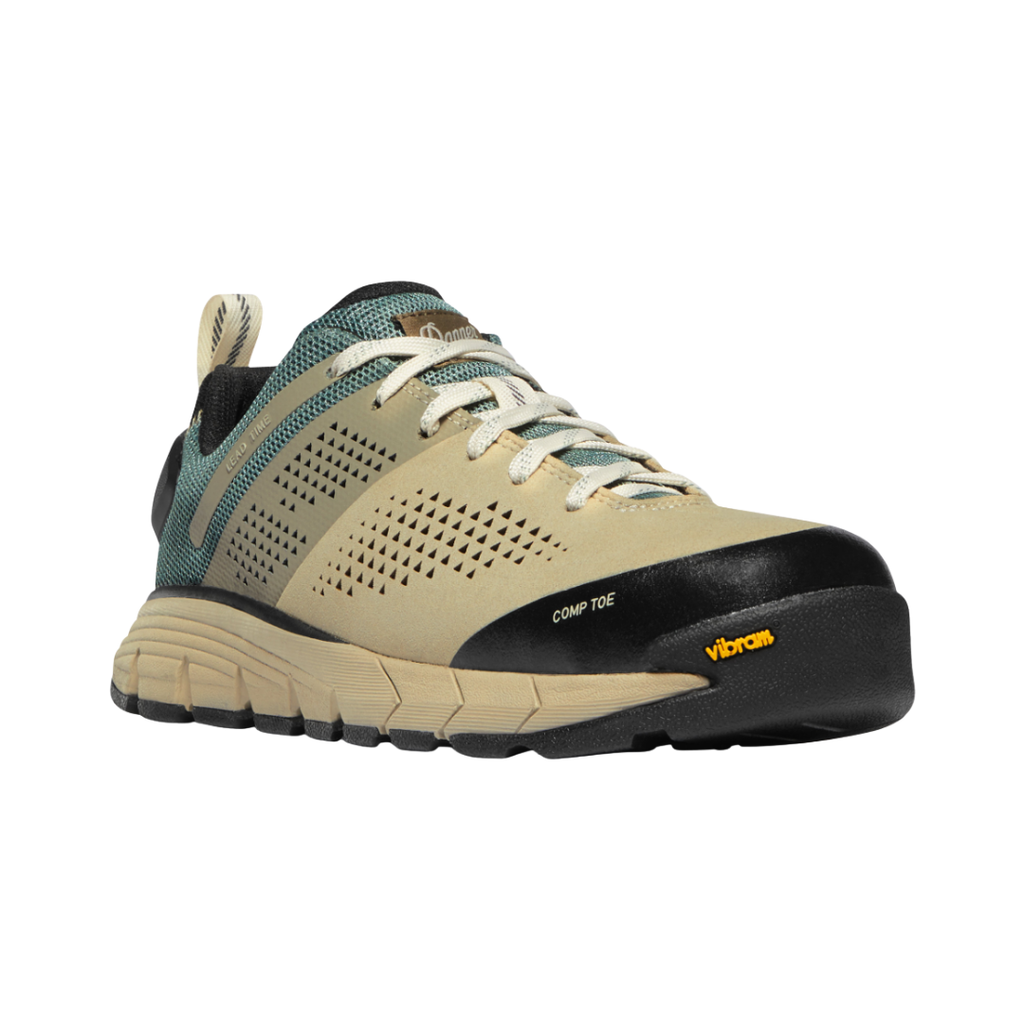 Danner Lead Time 3" Composite Toe NMT Shoe in Turquoise featuring a breathable mesh upper, low-profile athletic work shoe silhouette, non-metallic composite safety toe, dual-density Danner Comfort midsole, lightweight EVA construction, slip-resistant rubber outsole, and modern design built for all-day comfort, protection, and mobility.