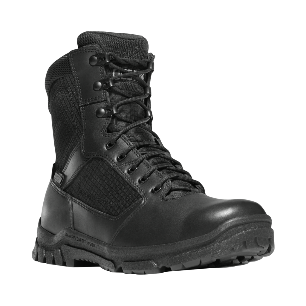 Danner Men’s Lookout Side-Zip 8" Plain Toe Boot in Black featuring a polishable full-grain leather and ripstop nylon upper, 8-inch tactical boot silhouette, side-zip entry, Danner Comfort System platform, Danner Dry waterproof membrane, slip-resistant rubber outsole, and durable construction designed for long shifts, tactical performance, and all-day support.