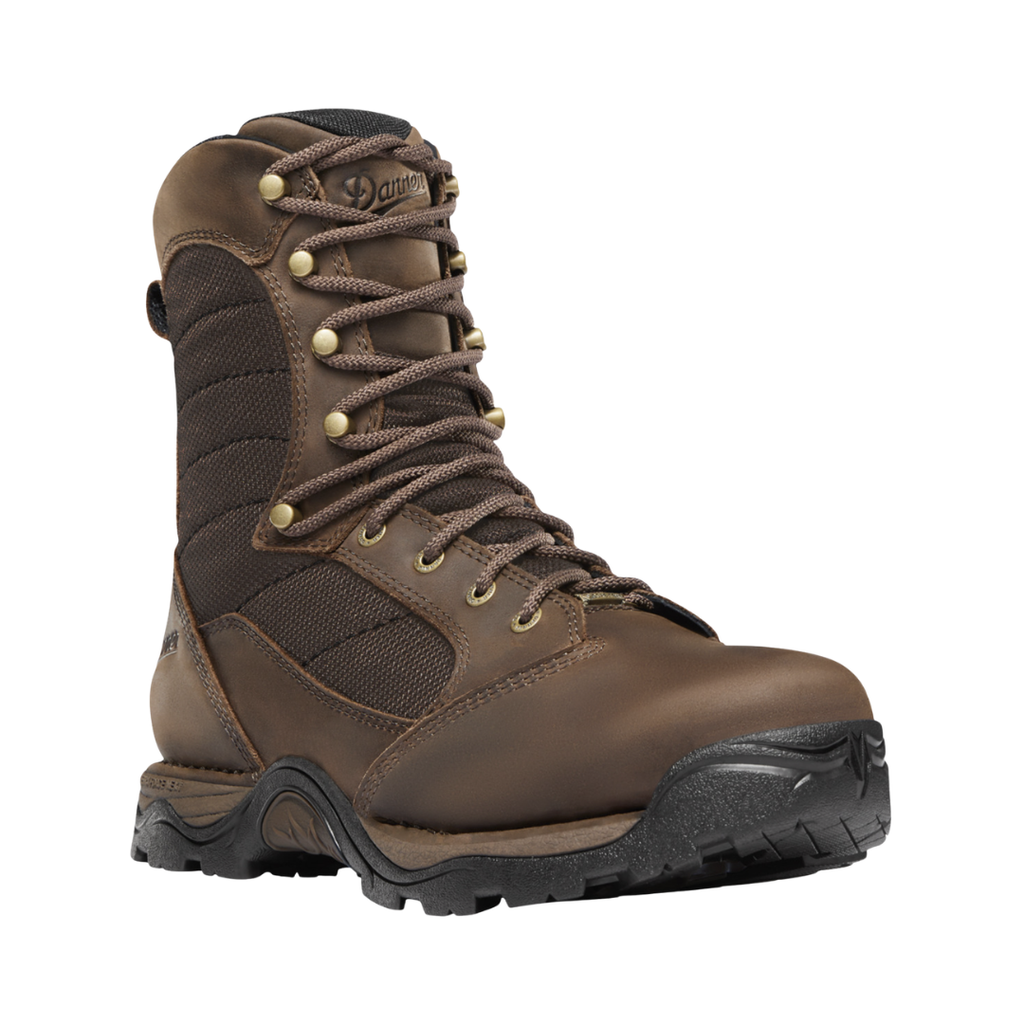 Danner Men’s Pronghorn 8" Waterproof Plain Toe Boot in Brown featuring a rugged leather upper, 8-inch hunting boot silhouette, GORE-TEX waterproof lining, TERRA FORCE NEXT platform, Vibram SPE midsole, Vibram Pronghorn outsole, and durable outdoor construction designed for superior stability, cushioning, and performance across challenging terrain.