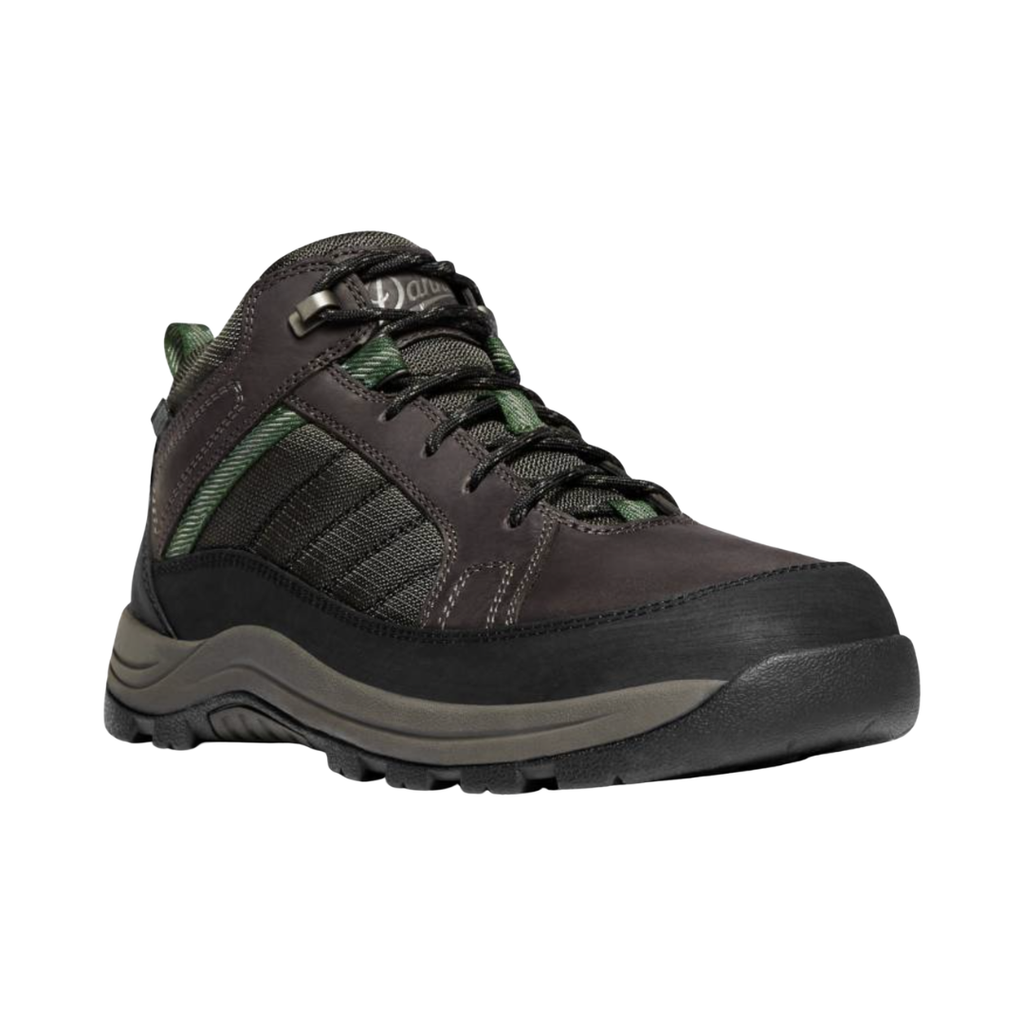 Danner Men’s Riverside 4.5" Waterproof Steel Toe Boot in Brown/Green featuring a durable leather upper, 4.5-inch work boot silhouette, steel safety toe, Danner Dry waterproof liner, EVA footbed, nylon shank, Danner Riverside outsole, and rugged construction designed for dependable protection, stability, and all-day comfort on demanding job sites.