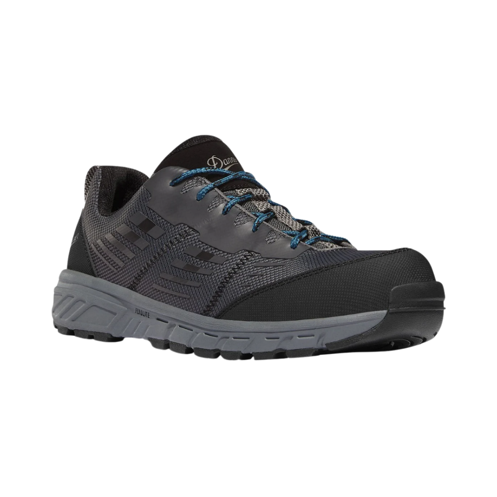 Danner Run Time 3" Composite Toe NMT Shoe in Dark Shadow featuring a breathable mesh upper, low-cut athletic work shoe design, non-metallic composite safety toe, dual-density Danner Comfort midsole, slip-resistant rubber outsole, and lightweight construction designed for agility, protection, and all-day comfort on the job.