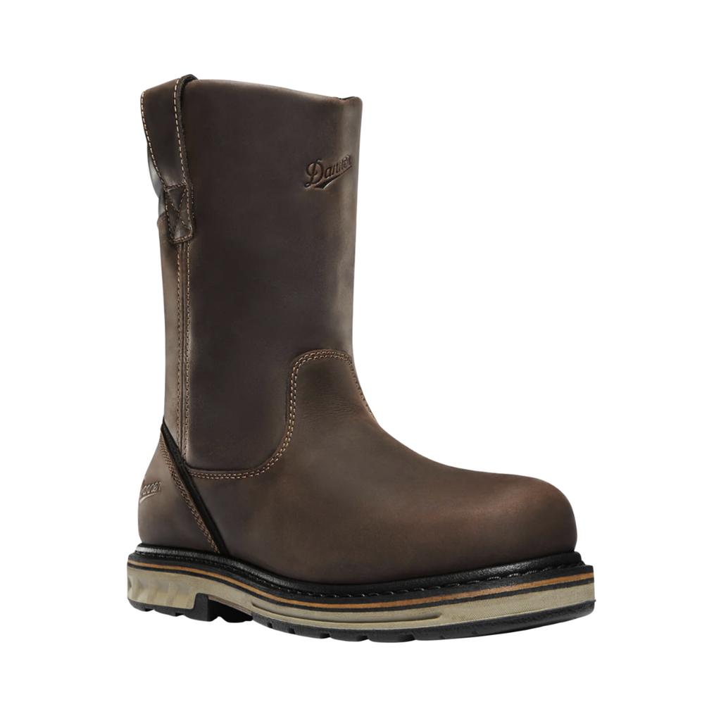 Danner Men’s Steel Yard Wellington 11" Waterproof Steel Toe Boot in Brown featuring a durable full-grain leather upper, 11-inch pull-on Wellington silhouette, ASTM-rated steel safety toe, Danner Dry waterproof construction, Danner Comfort System with PU midsole, steel shank, and Danner Steel Yard outsole designed for maximum protection, stability, and all-day comfort in demanding work environments.