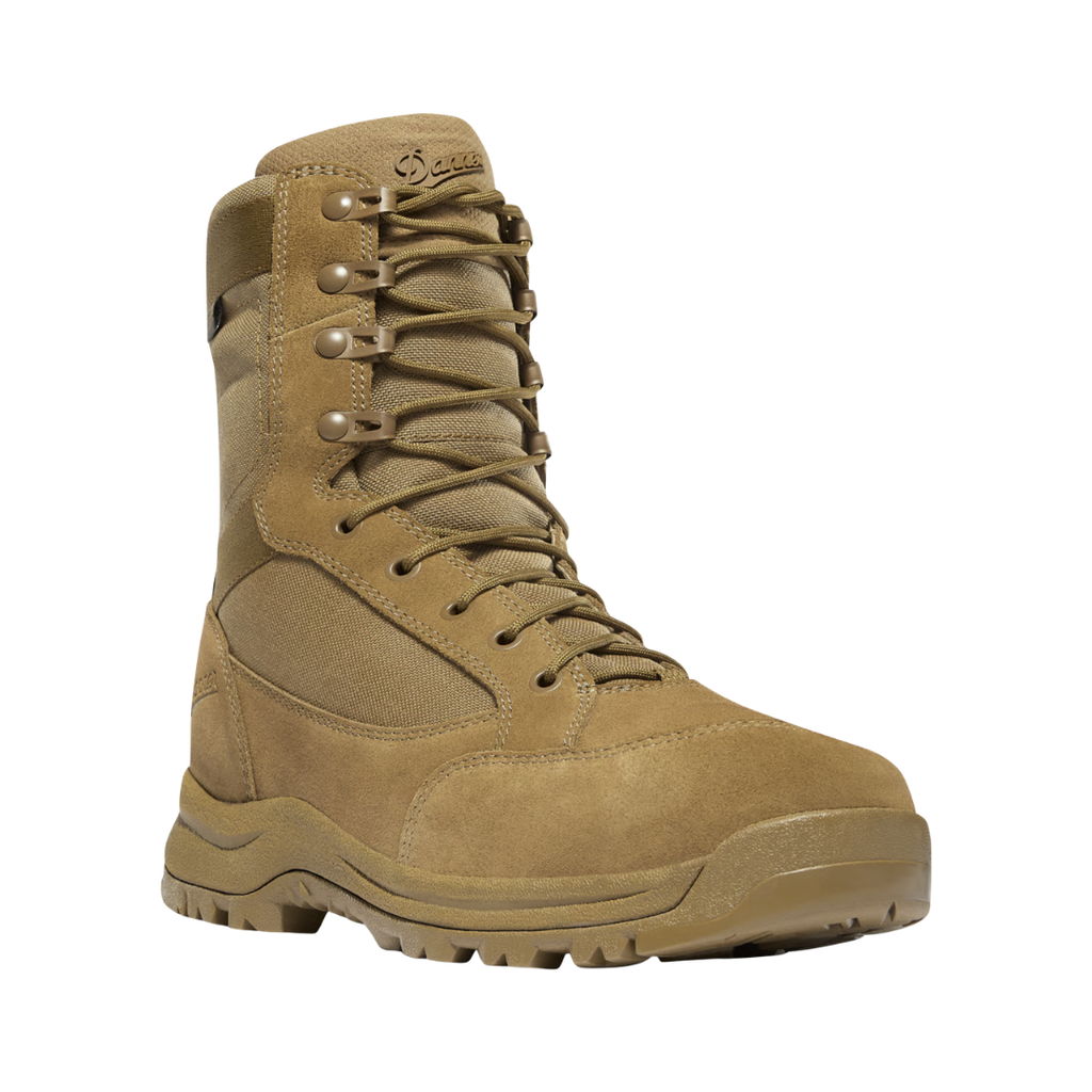 Danner Men’s Tanicus 8" Waterproof Plain Toe Boot in Coyote featuring a durable tactical upper, 8-inch military boot silhouette, Danner Dry waterproof protection, Bi Fit Board Shank System, polyurethane footbed, Danner Tanicus outsole, and rugged construction designed for active-duty military, tactical operations, and demanding outdoor environments.